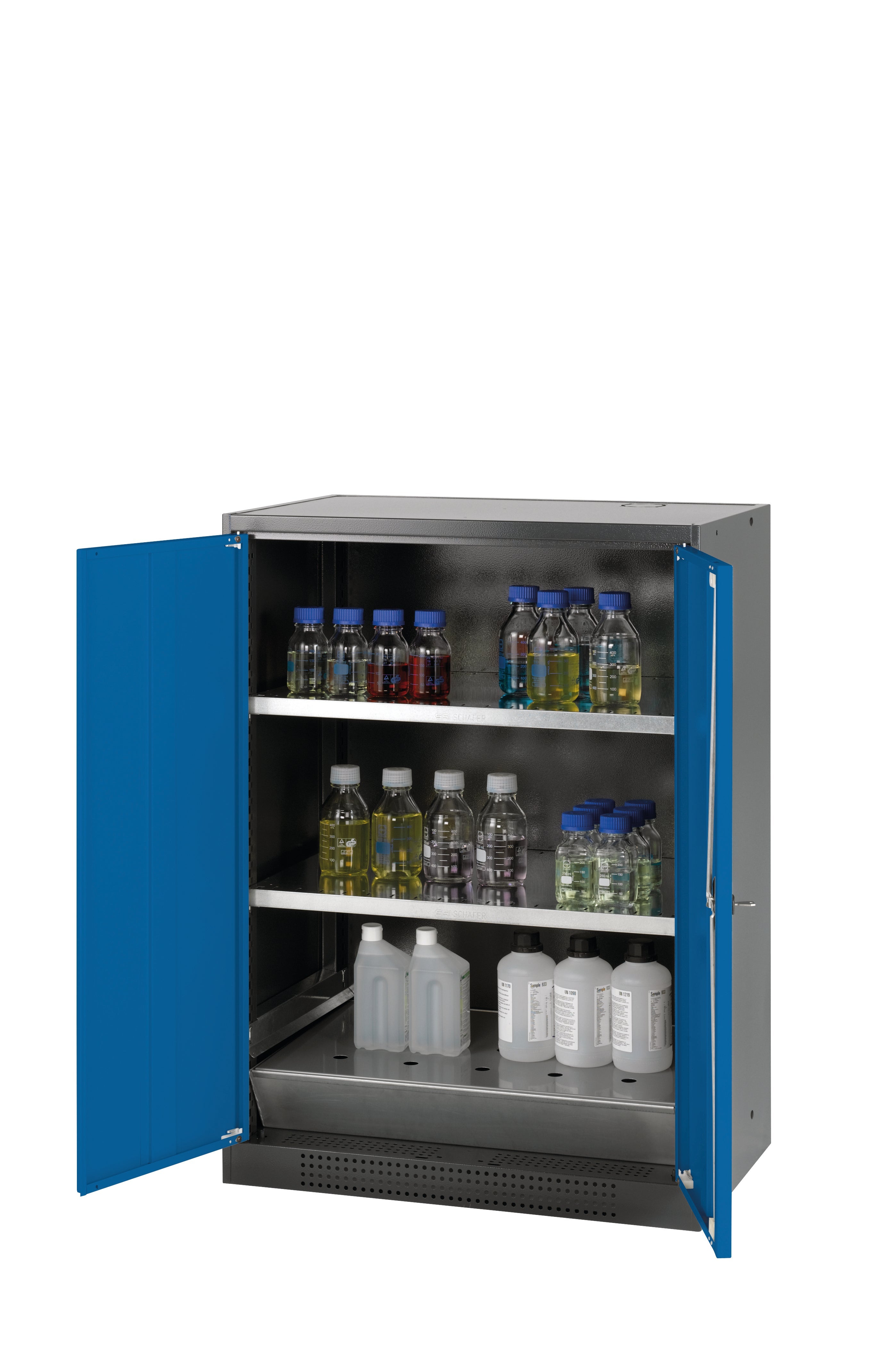 Chemical cabinet CS-CLASSIC model CS.110.081 in gentian blue RAL 5010 with 2x standard shelves (sheet steel)