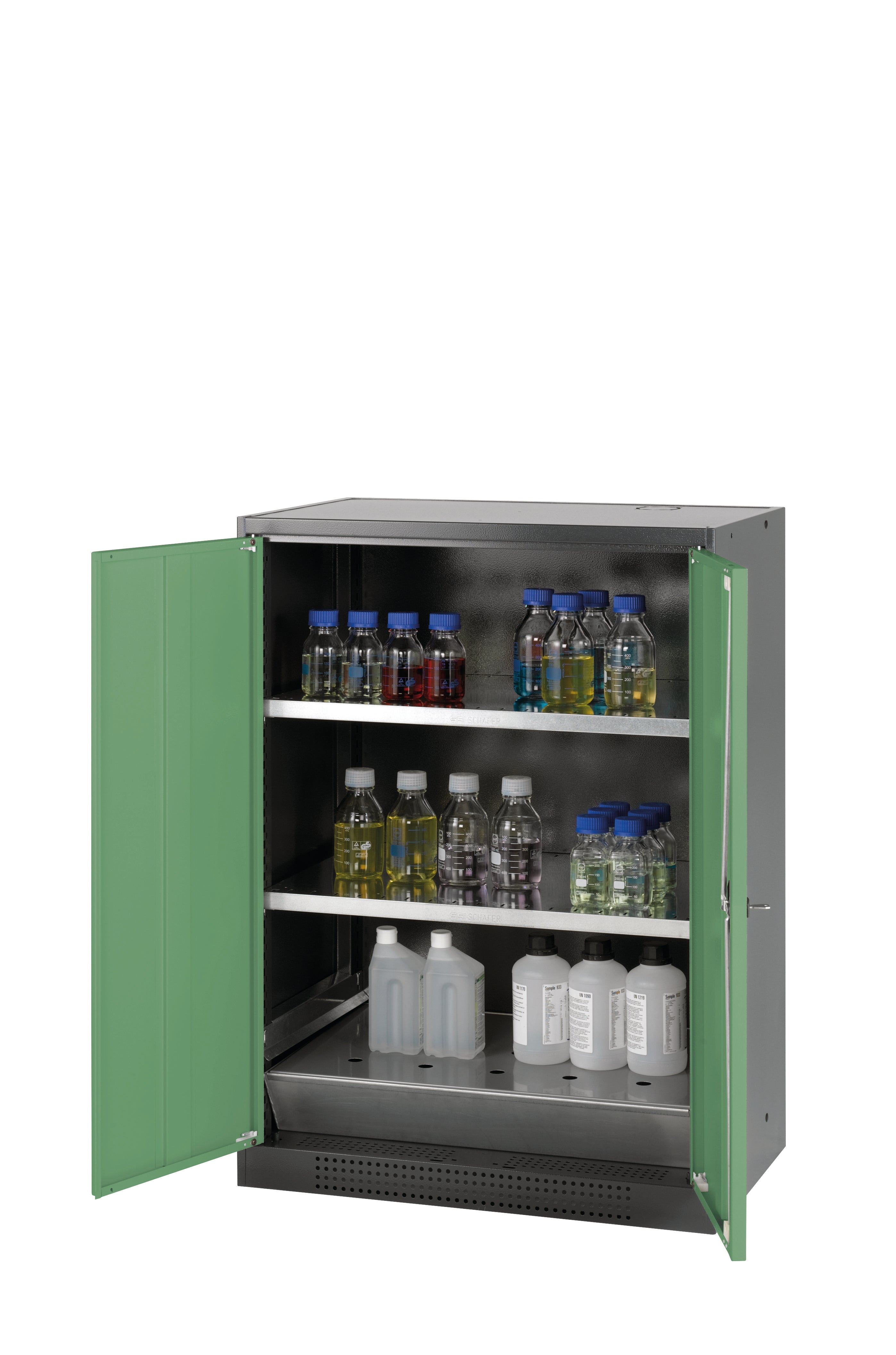 Chemical cabinet CS-CLASSIC model CS.110.081 in reseda green RAL 6011 with 2x standard shelves (sheet steel)