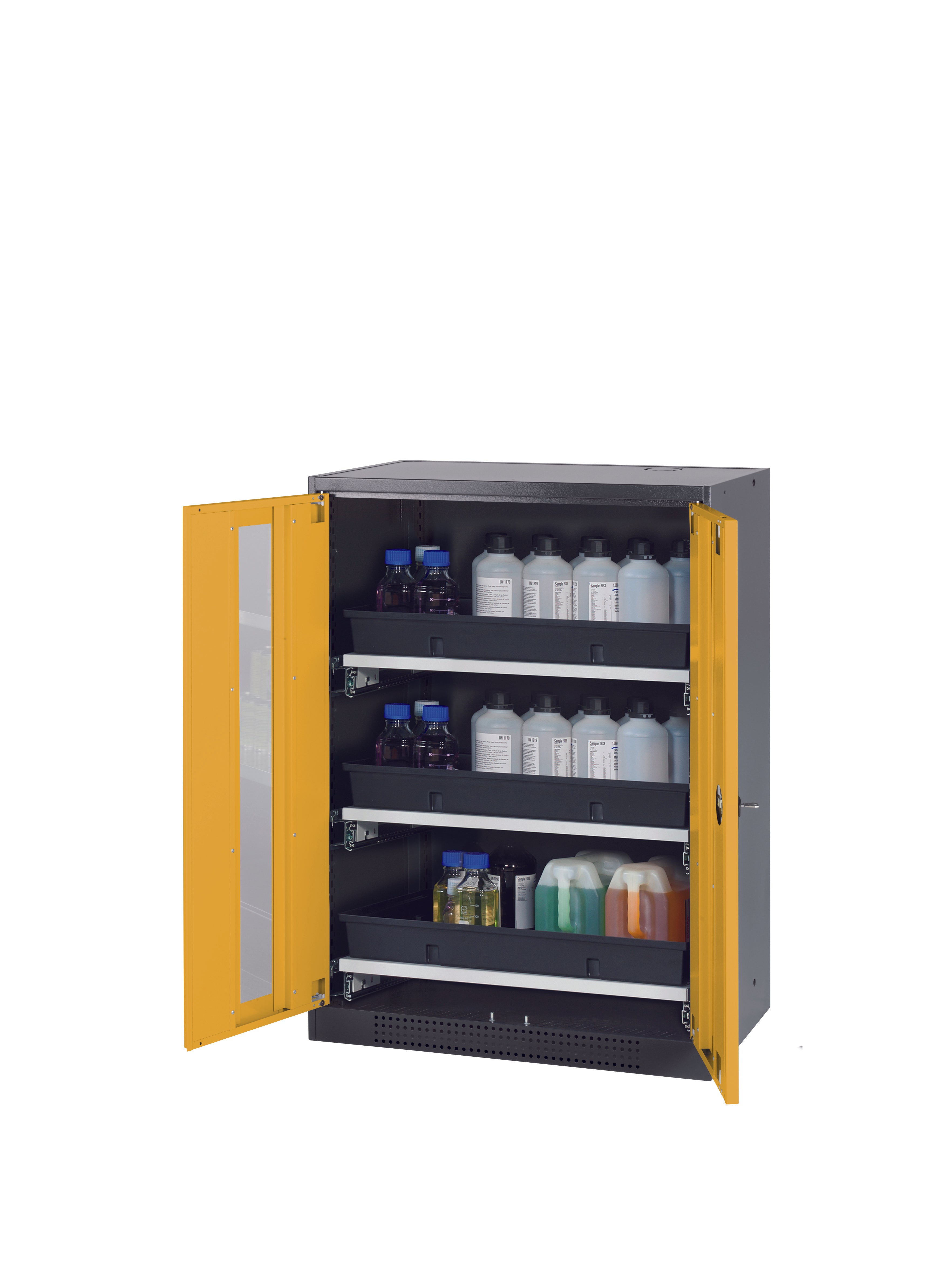 Chemical cabinet CS-CLASSIC-G model CS.110.081.WDFW in safety yellow RAL 1004 with 3x AbZ pull-out shelves (sheet steel/polypropylene)