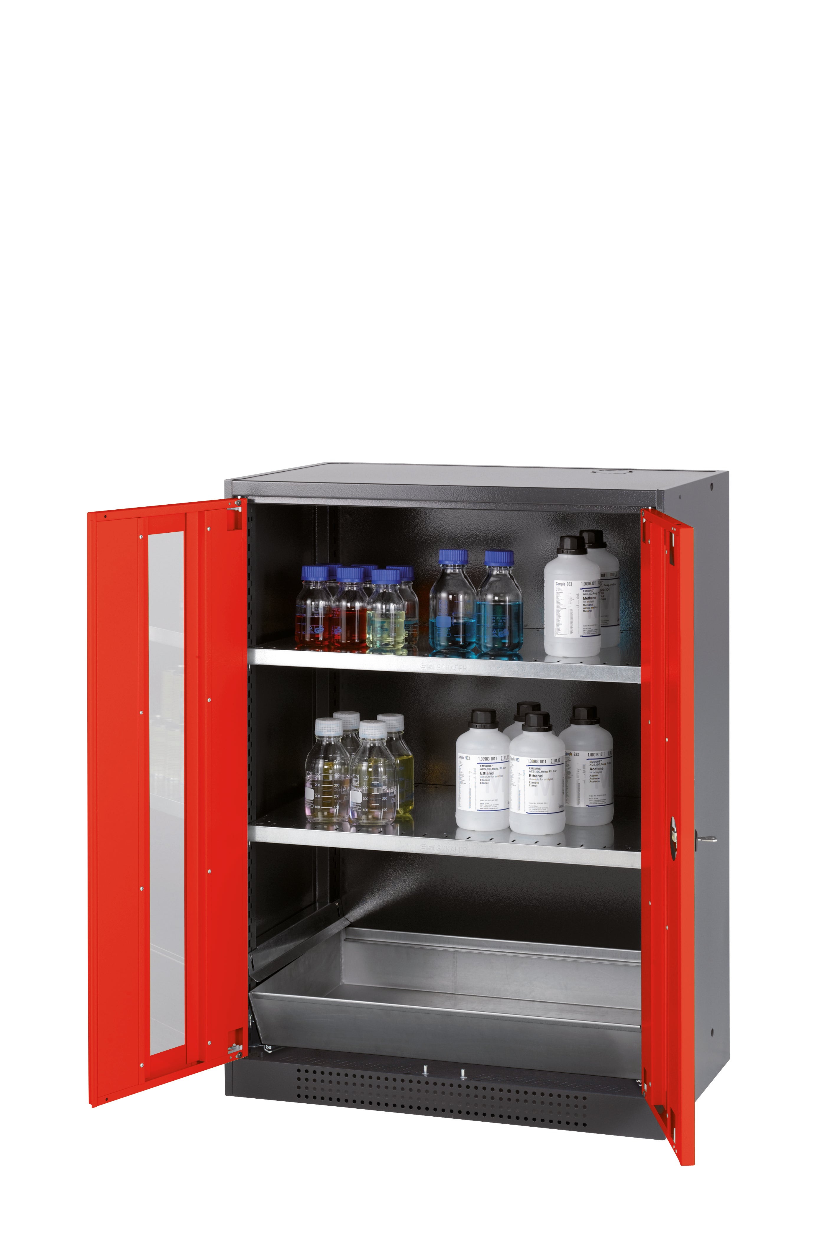 Chemical cabinet CS-CLASSIC-G model CS.110.081.WDFW in traffic red RAL 3020 with 2x standard shelves (sheet steel)