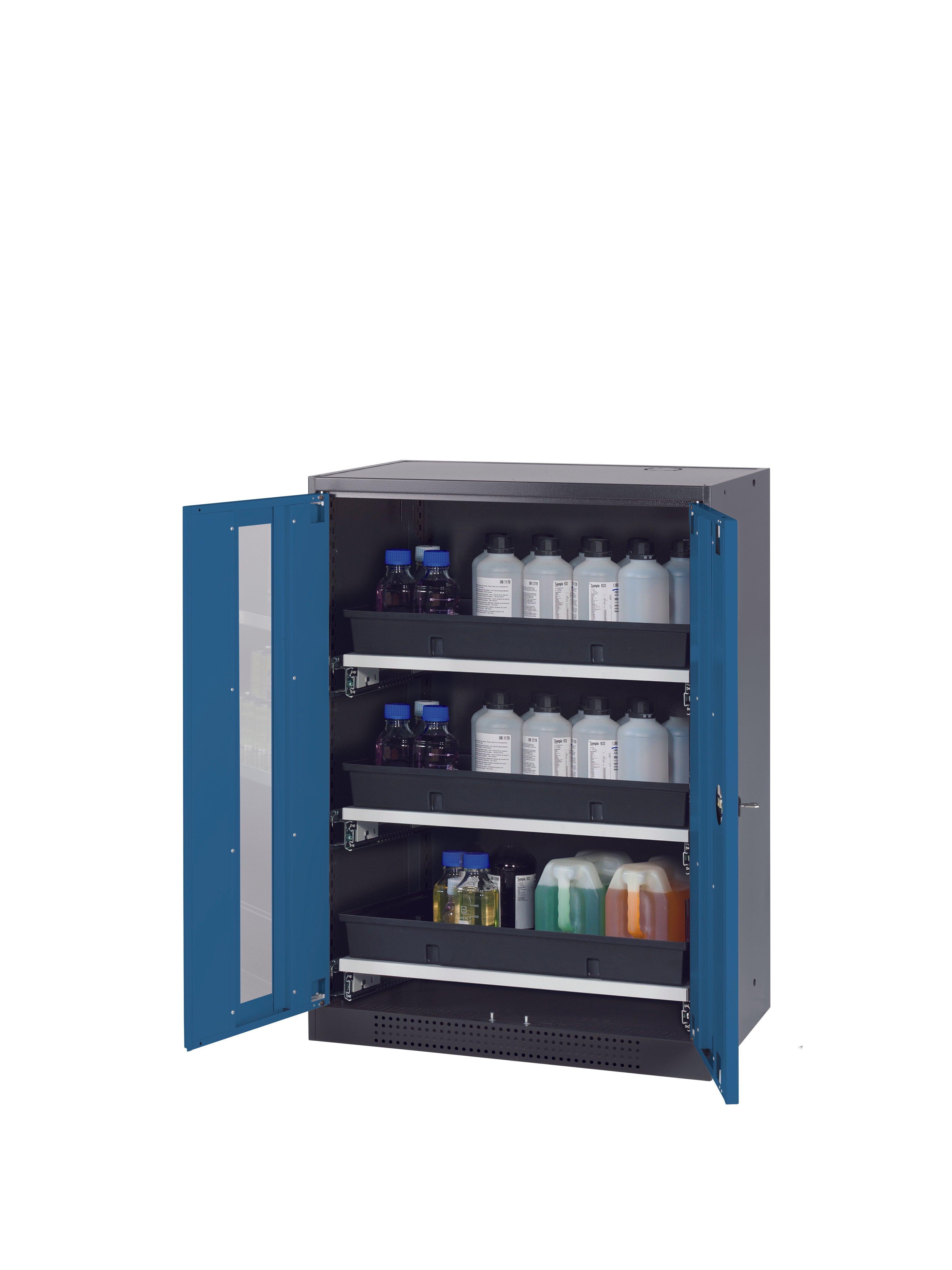 Chemical cabinet CS-CLASSIC-G model CS.110.081.WDFW in gentian blue RAL 5010 with 3x AbZ pull-out shelves (sheet steel/polypropylene)