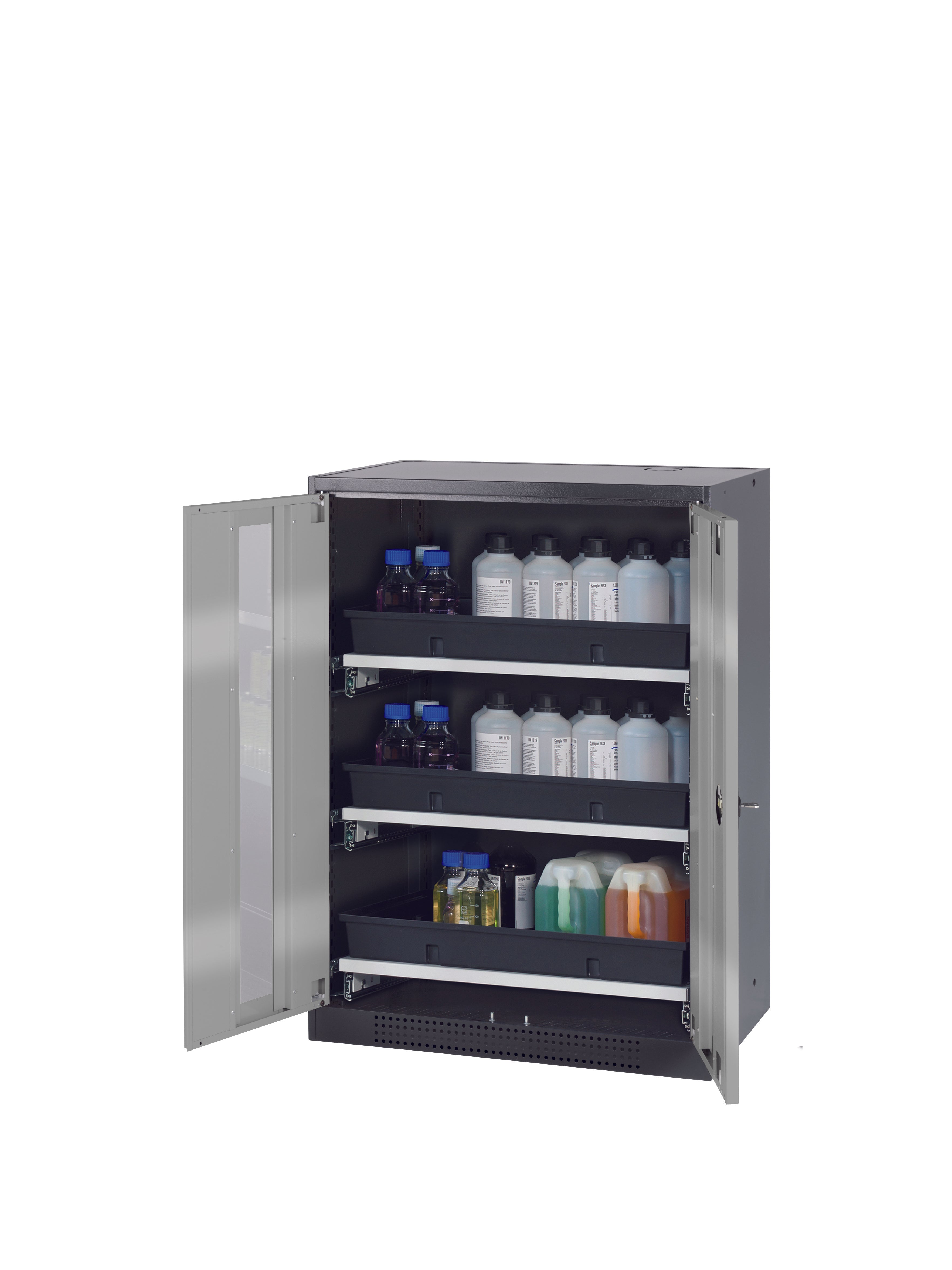 Chemical cabinet CS-CLASSIC-G model CS.110.081.WDFW in asecos silver with 3x AbZ pull-out shelves (sheet steel/polypropylene)