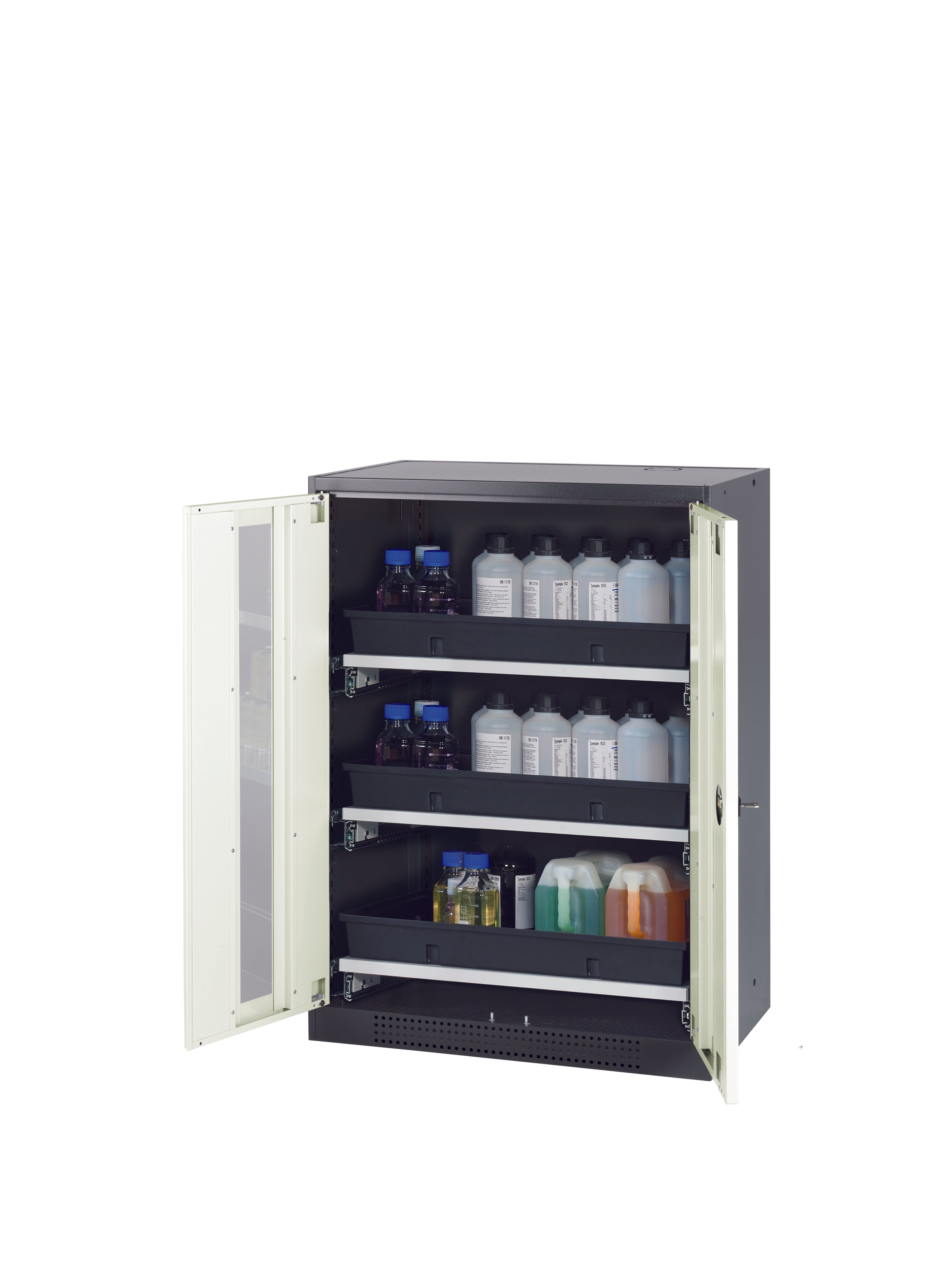 Chemical cabinet CS-CLASSIC-G model CS.110.081.WDFW in pure white RAL 9010 with 3x AbZ pull-out shelves (sheet steel/polypropylene)
