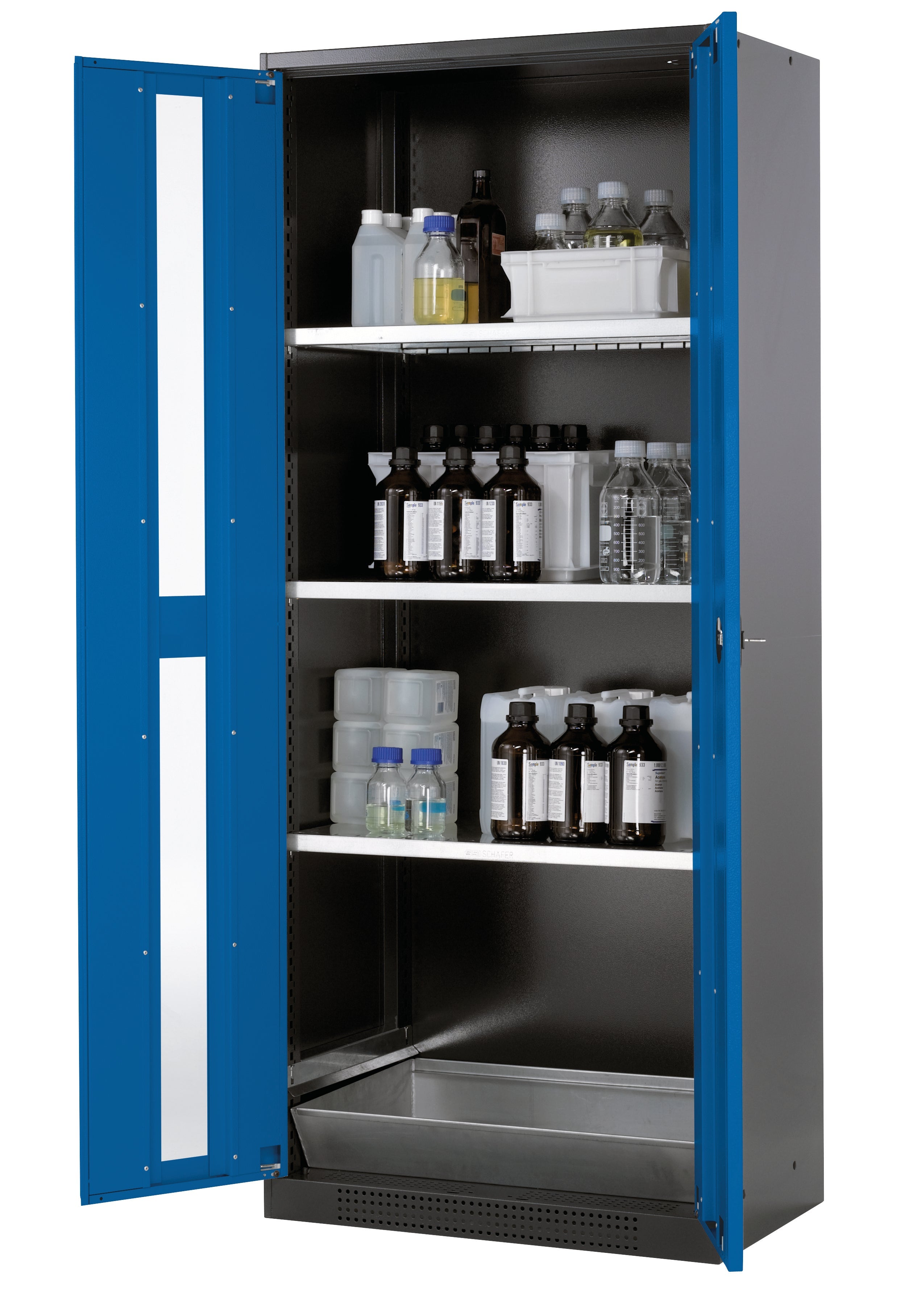 Chemical cabinet CS-CLASSIC-G model CS.195.081.WDFW in gentian blue RAL 5010 with 3x standard shelves (sheet steel)