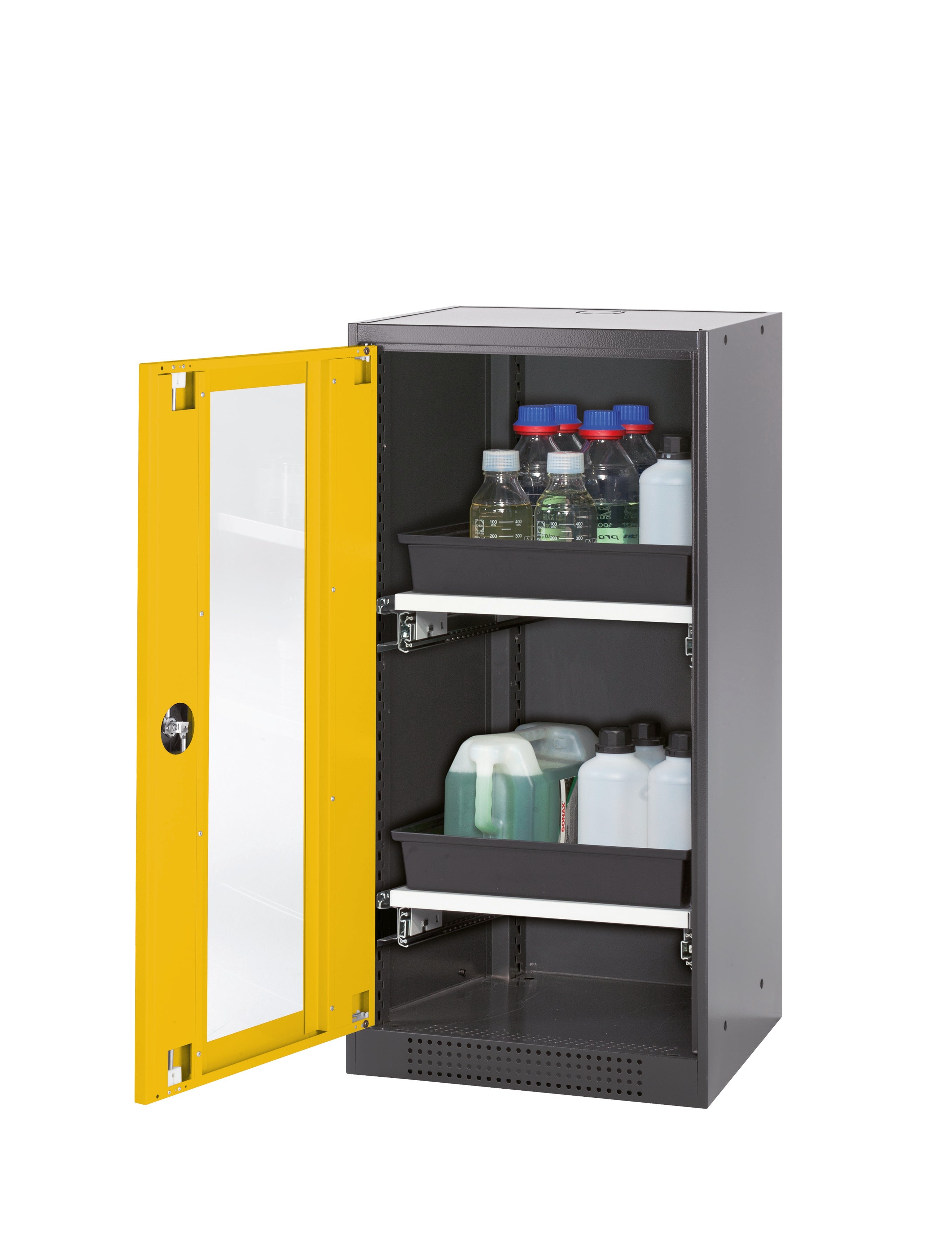 Chemical cabinet CS-CLASSIC-G model CS.110.054.WDFW in safety yellow RAL 1004 with 2x AbZ pull-out shelves (sheet steel/polypropylene)