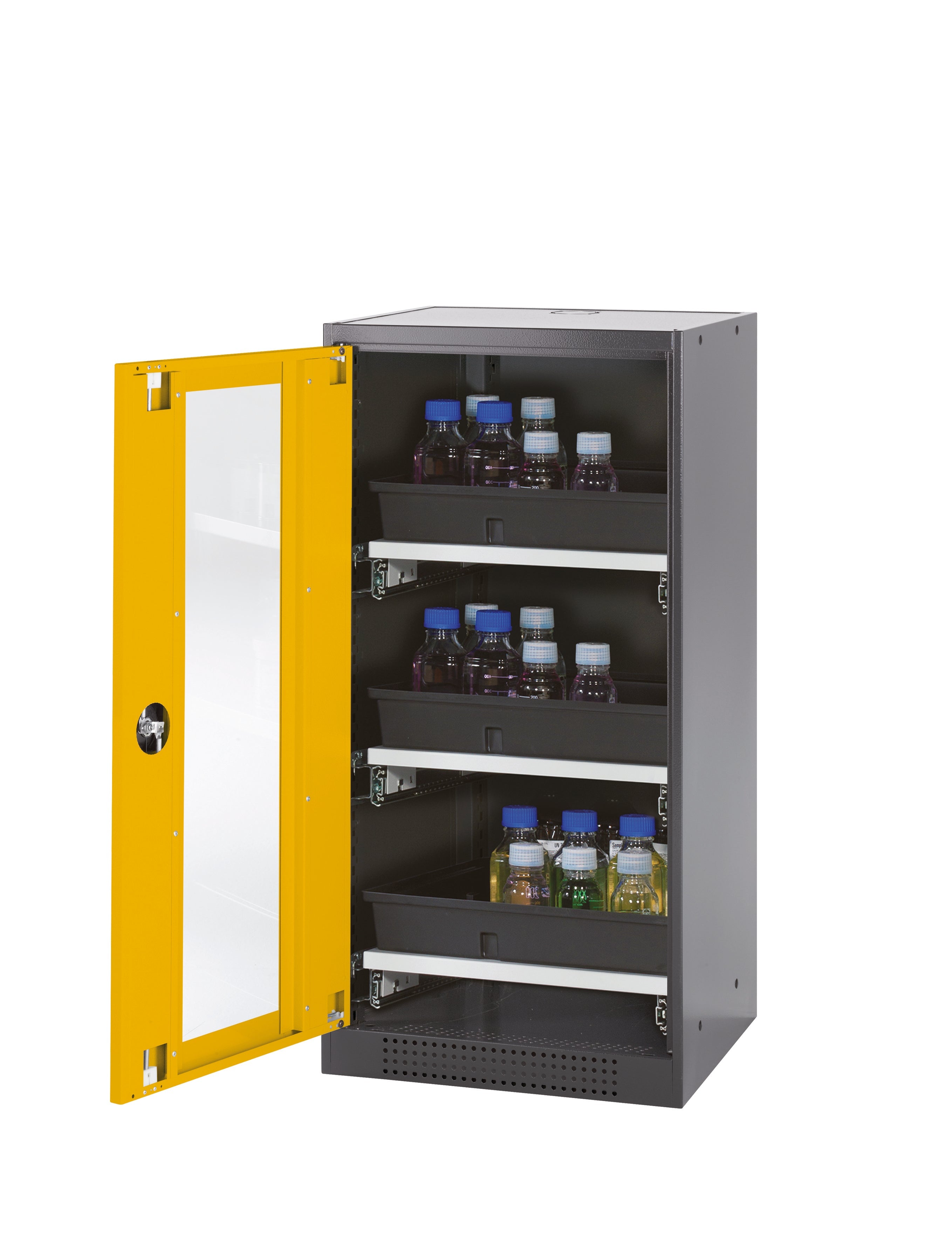 Chemical cabinet CS-CLASSIC-G model CS.110.054.WDFW in safety yellow RAL 1004 with 3x AbZ pull-out shelves (sheet steel/polypropylene)