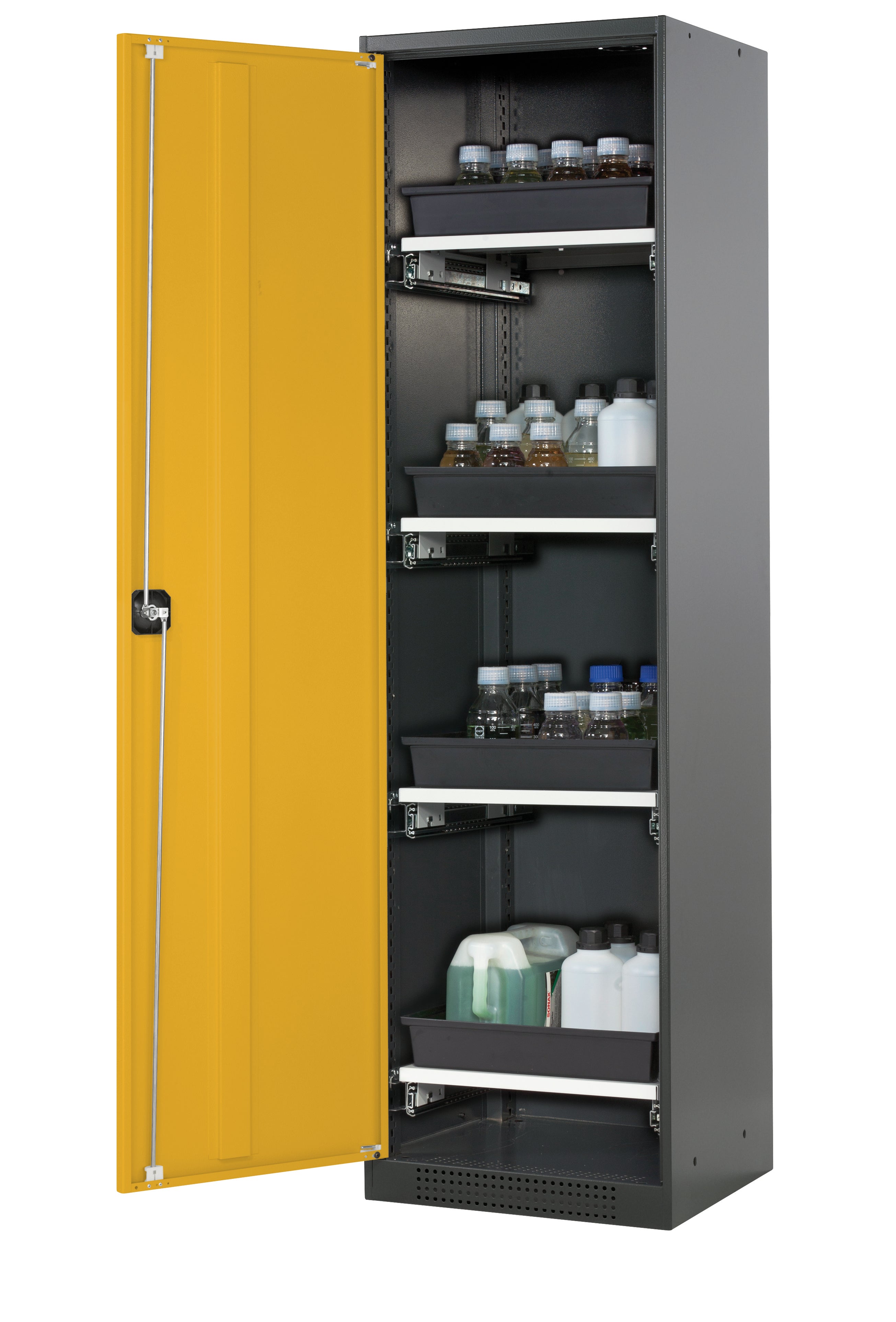 Chemical cabinet CS-CLASSIC model CS.195.054 in safety yellow RAL 1004 with 4x AbZ pull-out shelves (sheet steel/polypropylene)