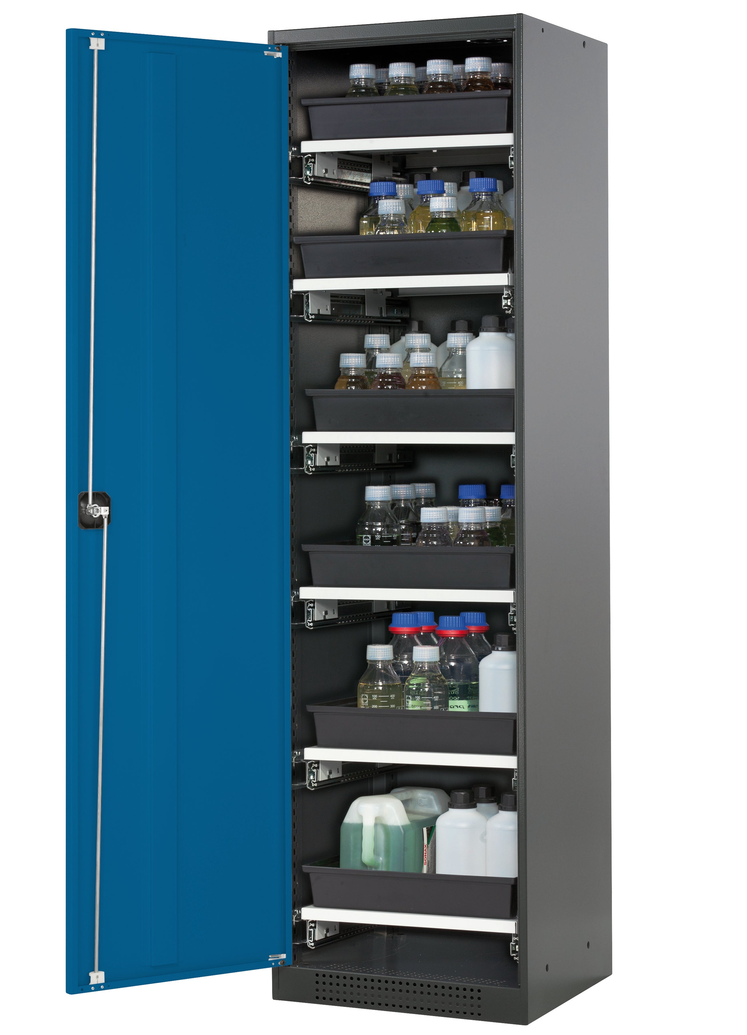 Chemical cabinet CS-CLASSIC model CS.195.054 in gentian blue RAL 5010 with 6x AbZ pull-out shelves (sheet steel/polypropylene)