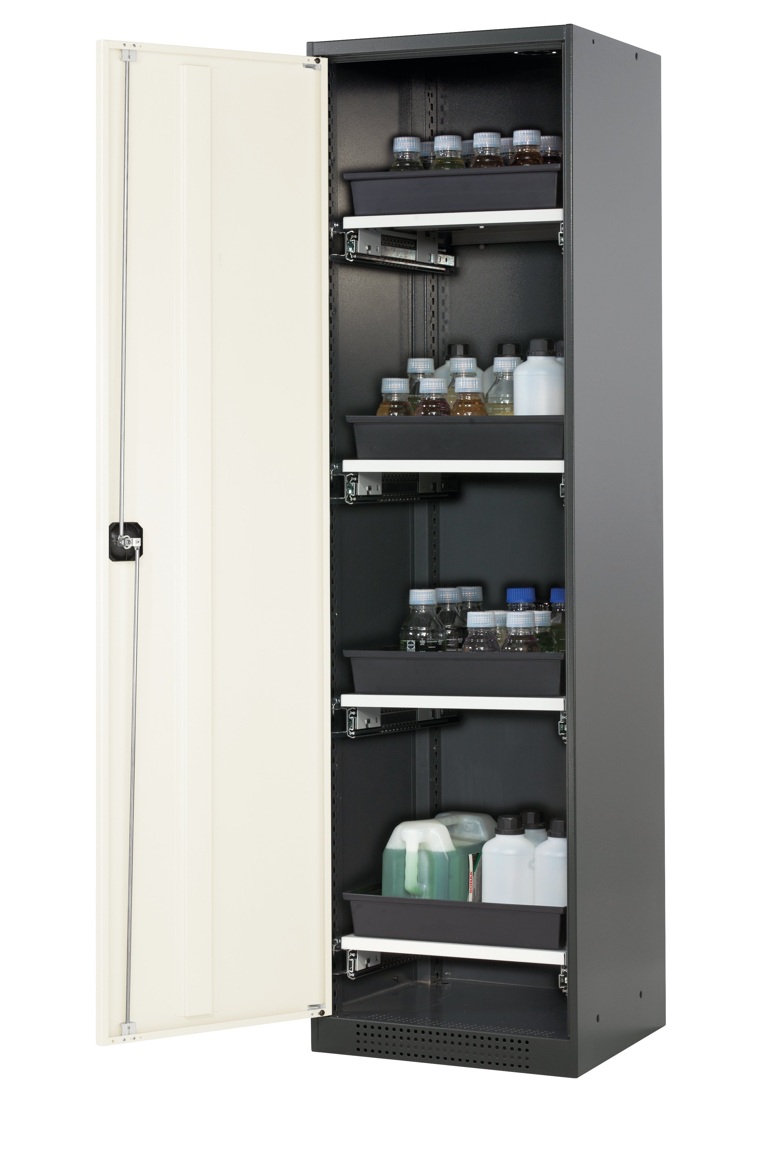 Chemical cabinet CS-CLASSIC model CS.195.054 in pure white RAL 9010 with 4x AbZ pull-out shelves (sheet steel/polypropylene)
