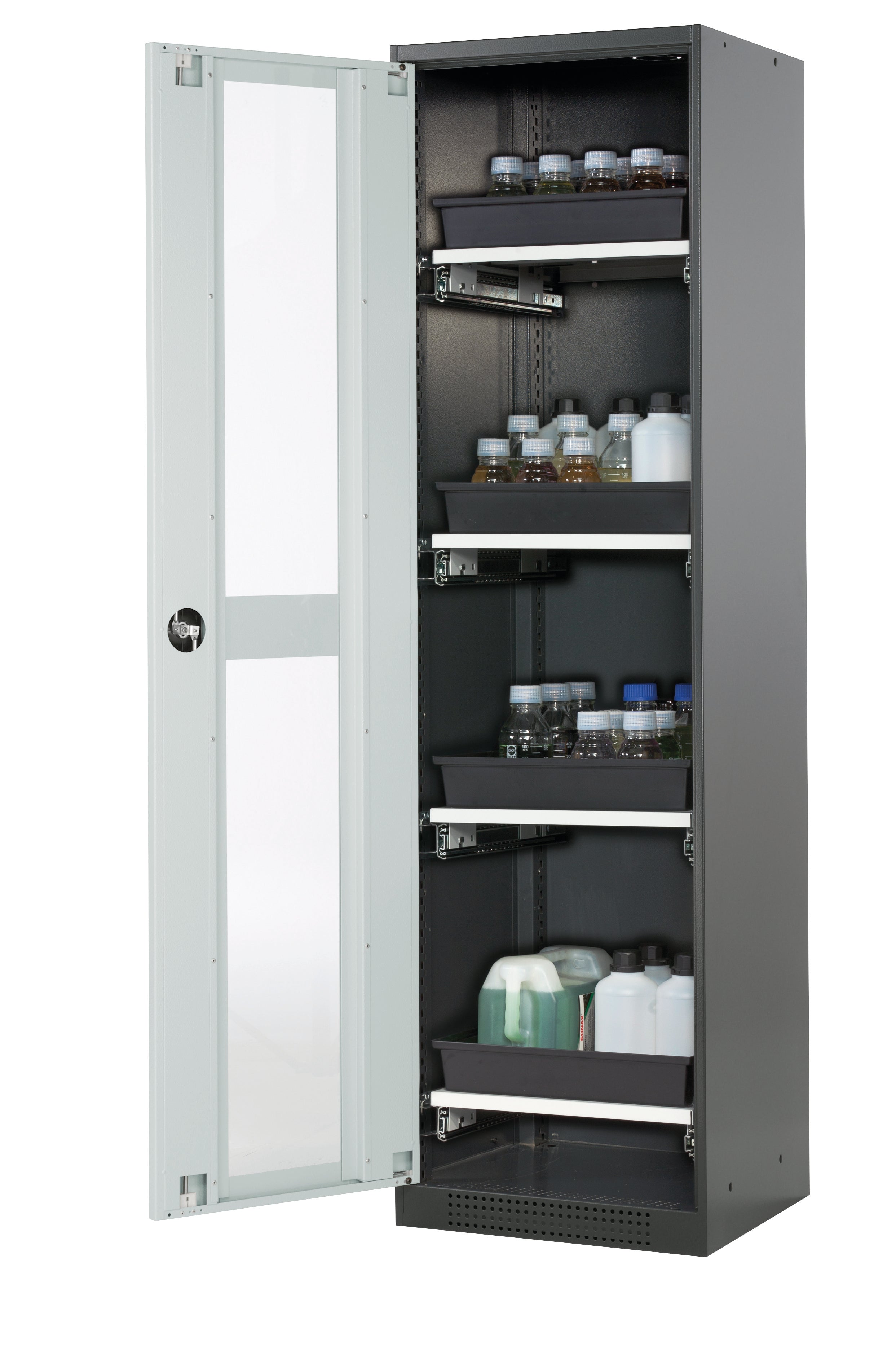 Chemical cabinet CS-CLASSIC-G model CS.195.054.WDFW in light gray RAL 7035 with 4x AbZ pull-out shelves (sheet steel/polypropylene)
