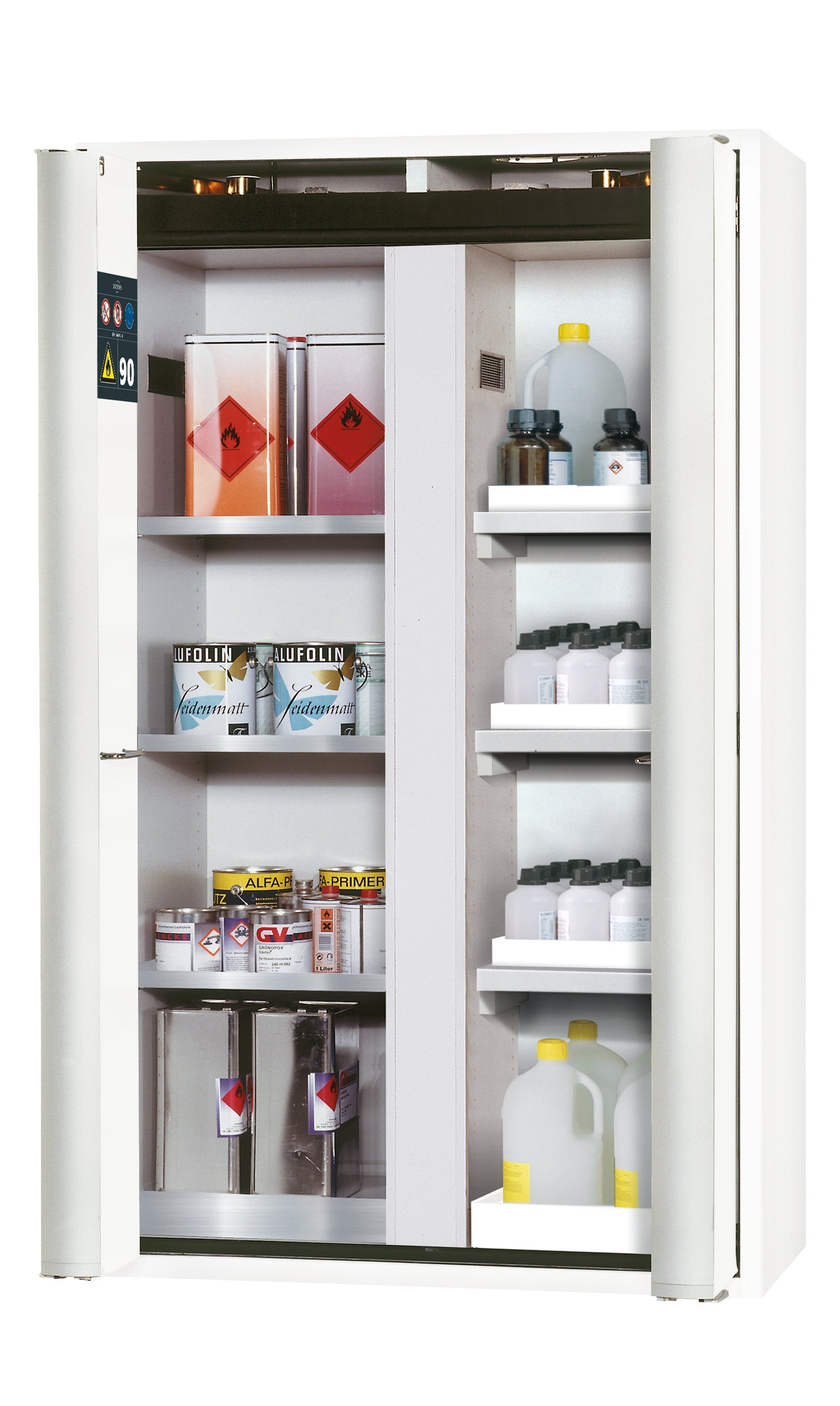 Type 90 safety cabinet S-PHOENIX-90 model S90.196.120.MV.FDAS in laboratory white (similar to RAL 9016) with 3x standard shelves (stainless steel 1.4301)