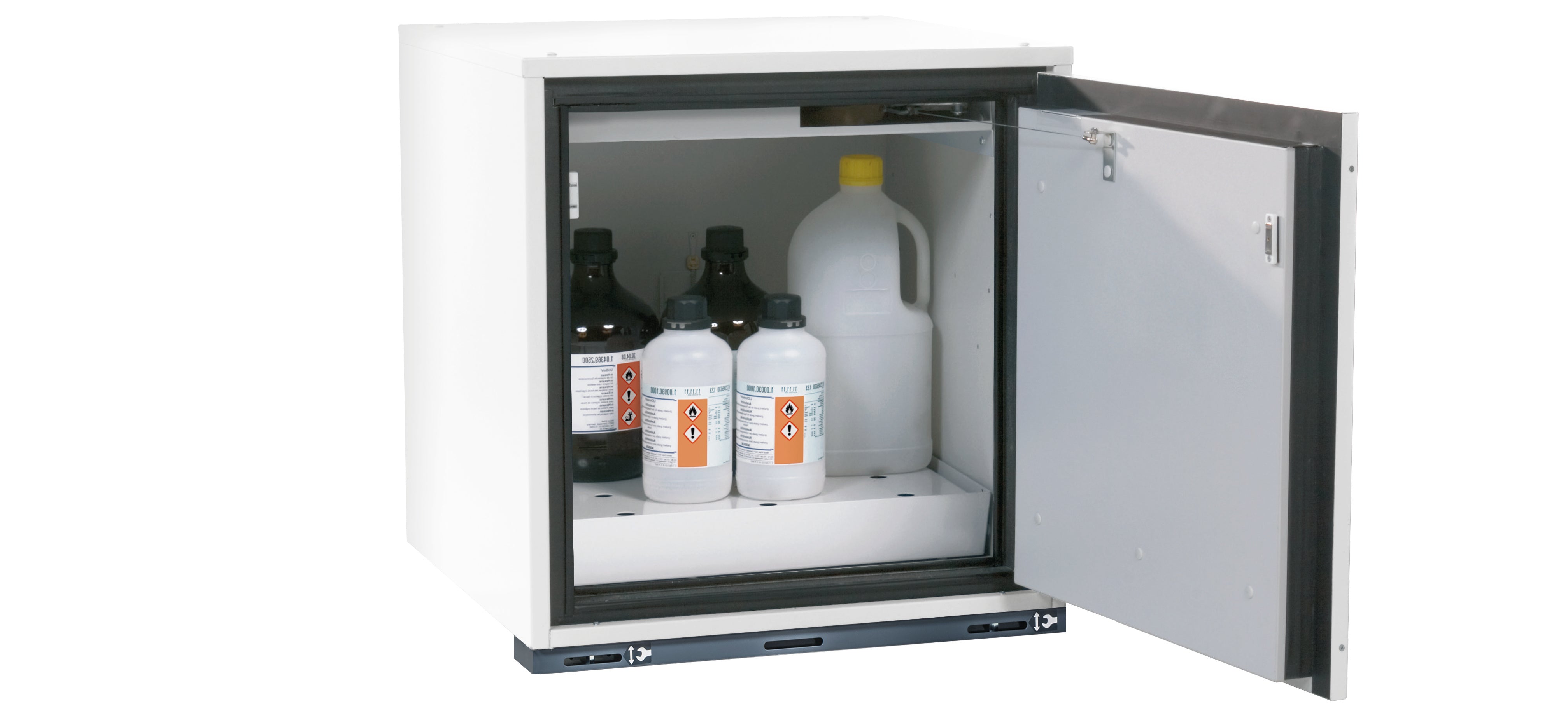 Type 90 safety base cabinet UB-T-90 model UB90.060.059.050.UL.TR in laboratory white (similar to RAL 9016) with 1x perforated plate insert standard (sheet steel)