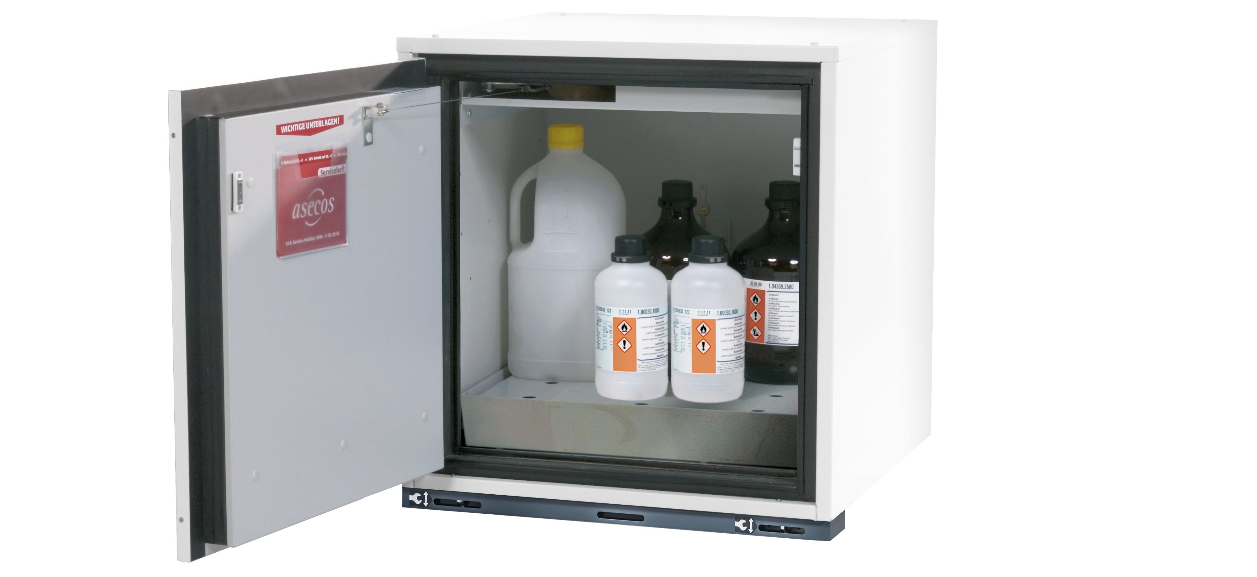 Type 90 safety base cabinet UB-T-90 model UB90.060.059.UL.T in laboratory white (similar to RAL 9016) with 1x perforated sheet metal insert standard (stainless steel 1.4016)
