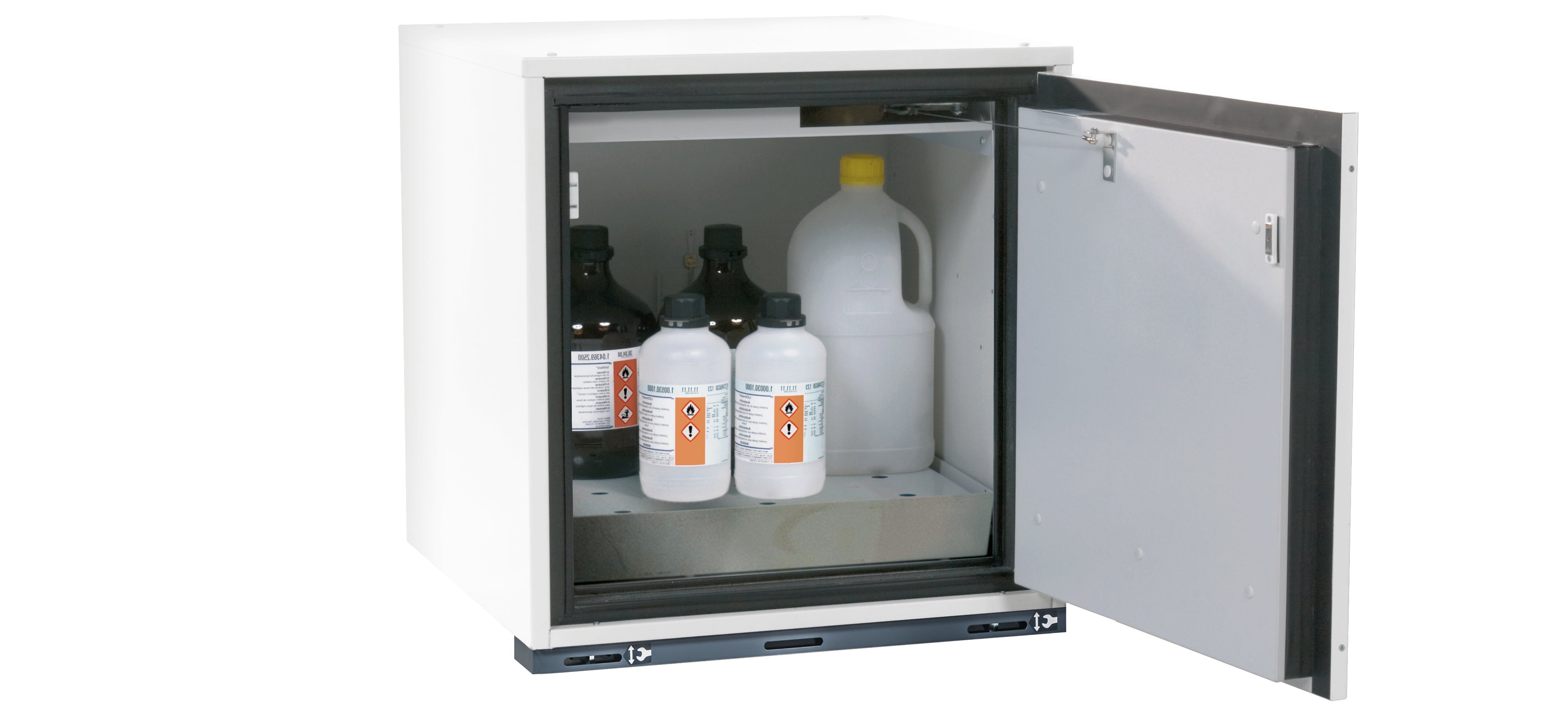 Type 90 safety base cabinet UB-T-90 model UB90.060.059.UL.TR in laboratory white (similar to RAL 9016) with 1x perforated sheet insert standard (stainless steel 1.4016)