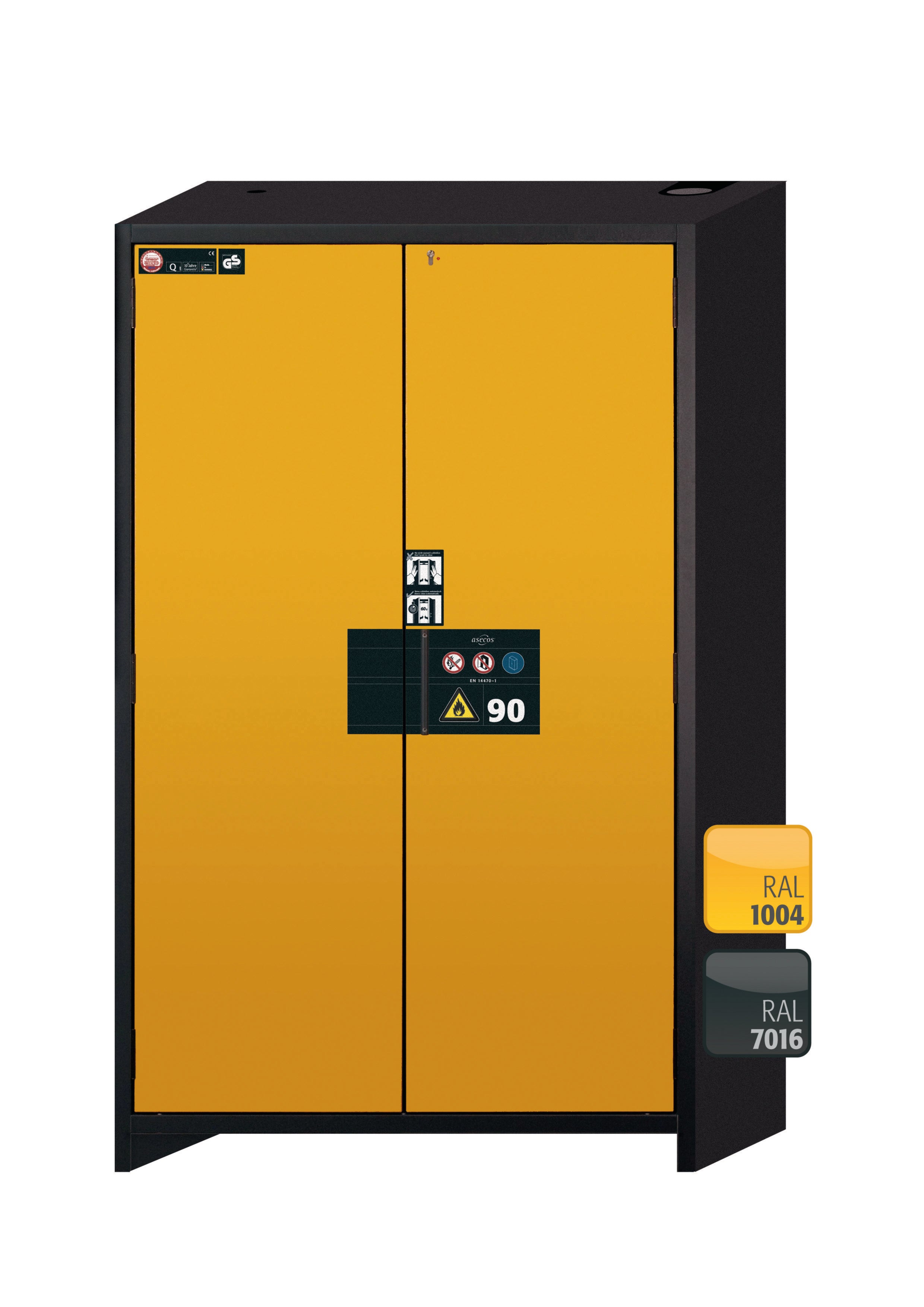 Type 90 safety storage cabinet Q-PEGASUS-90 model Q90.195.120.WDAC in warning yellow RAL 1004 with 6x drawer (standard) (stainless steel 1.4301),