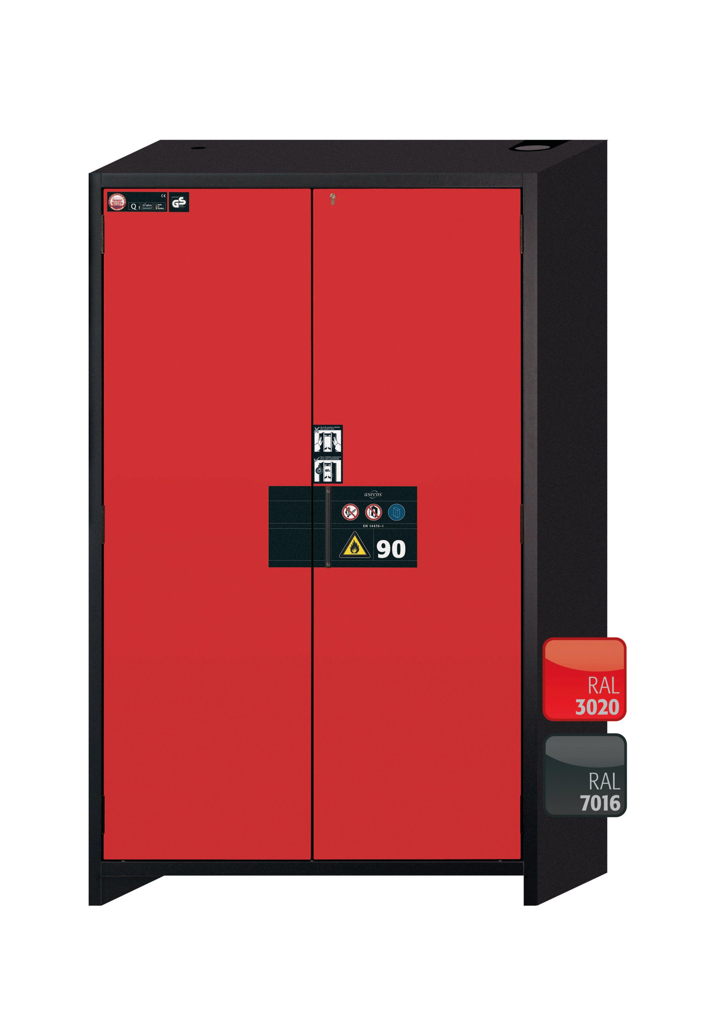 Type 90 safety storage cabinet Q-PEGASUS-90 model Q90.195.120.WDAC in traffic red RAL 3020 with 3x drawer (standard) (stainless steel 1.4301),