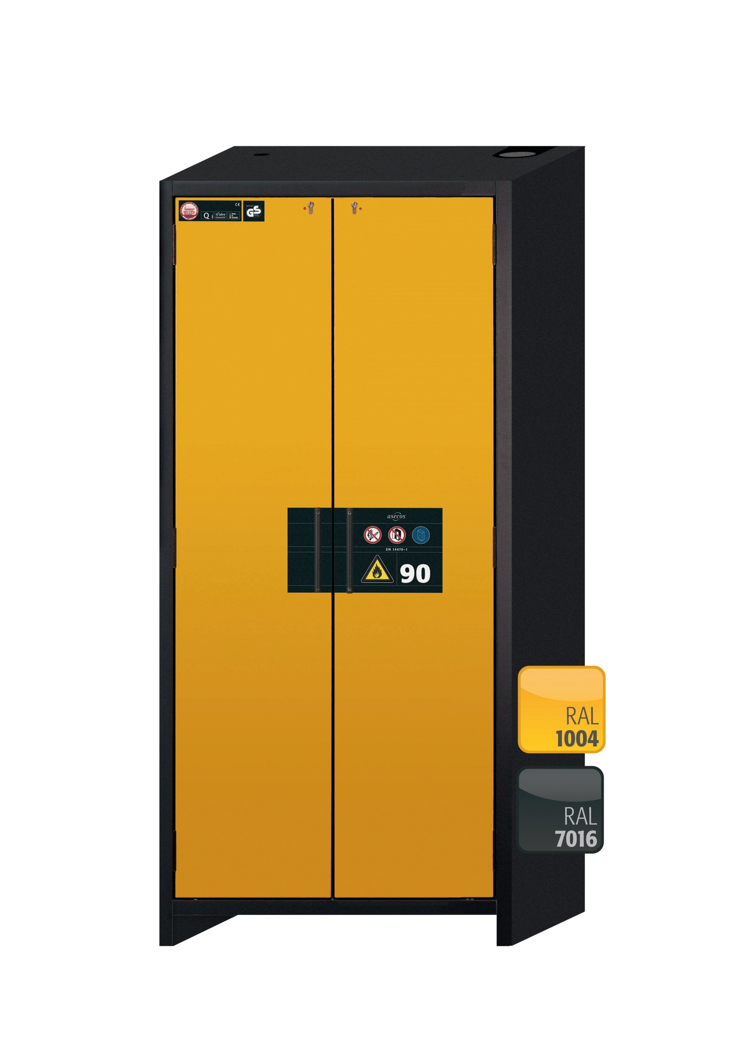 Type 90 safety storage cabinet Q-CLASSIC-90 model Q90.195.090 in warning yellow RAL 1004 with 4x drawer (standard) (stainless steel 1.4301),