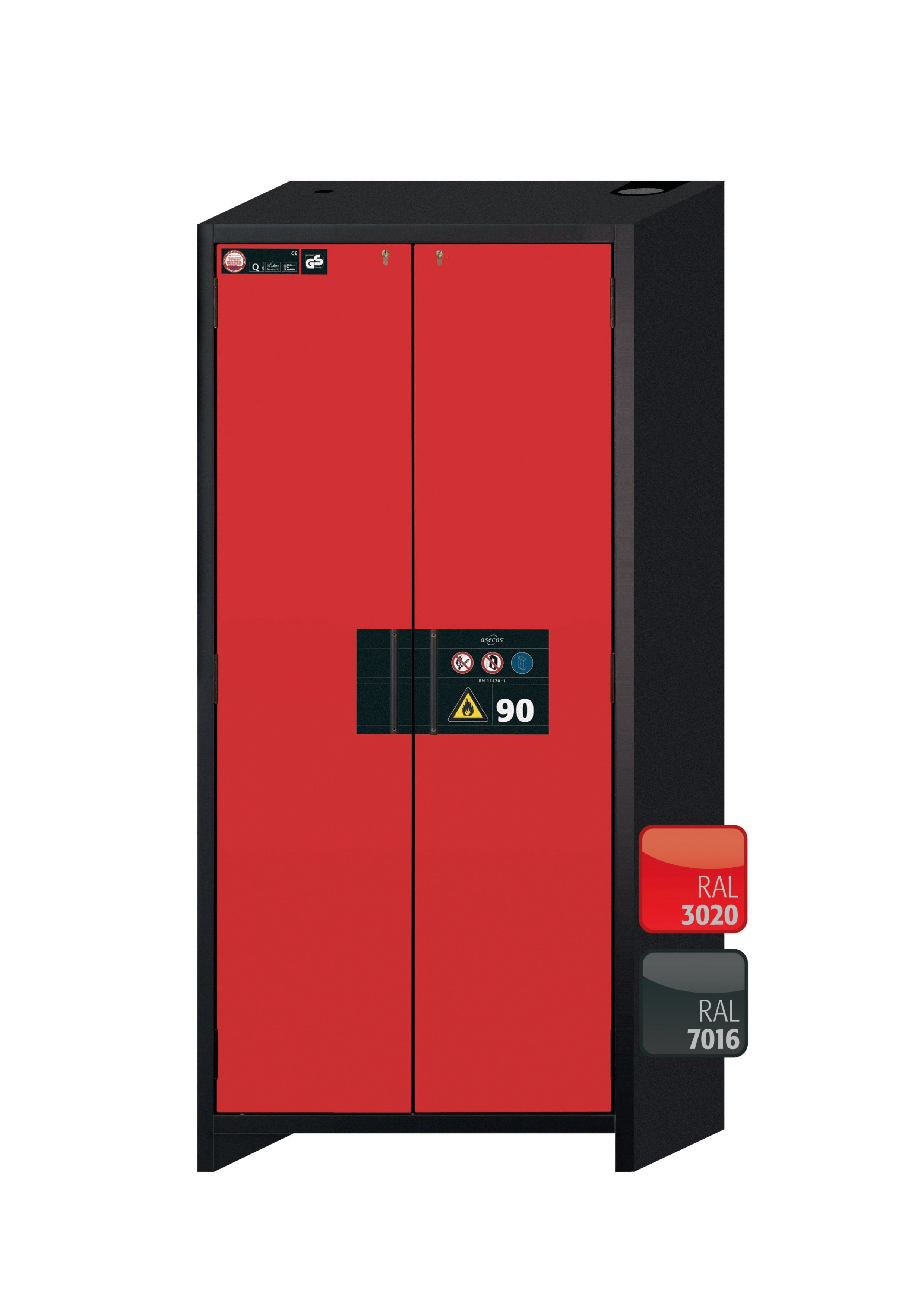 Type 90 safety storage cabinet Q-CLASSIC-90 model Q90.195.090 in traffic red RAL 3020 with 4x drawer (standard) (stainless steel 1.4301),