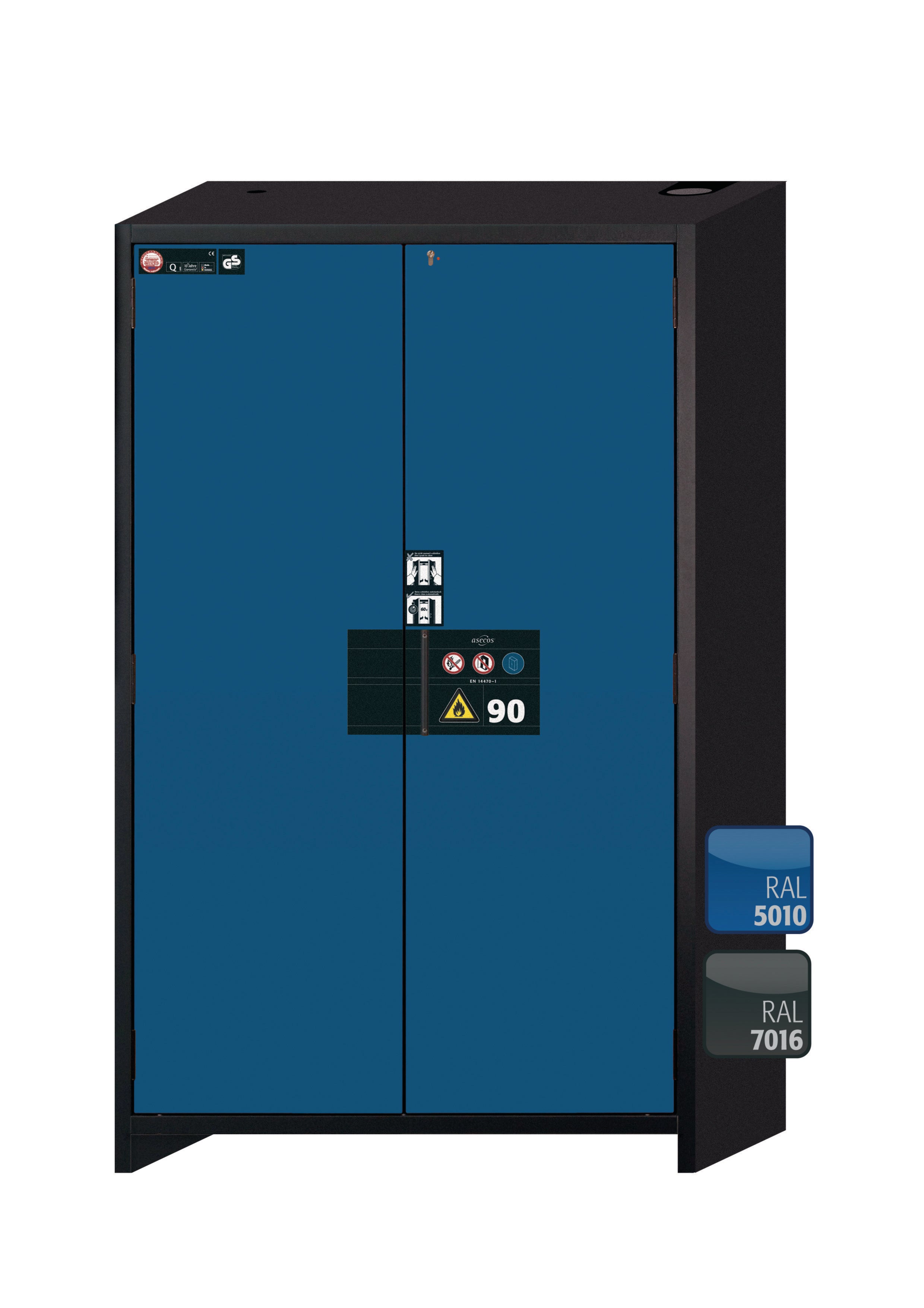 Type 90 safety storage cabinet Q-PEGASUS-90 model Q90.195.120.WDAC in gentian blue RAL 5010 with 2x shelf standard (sheet steel),