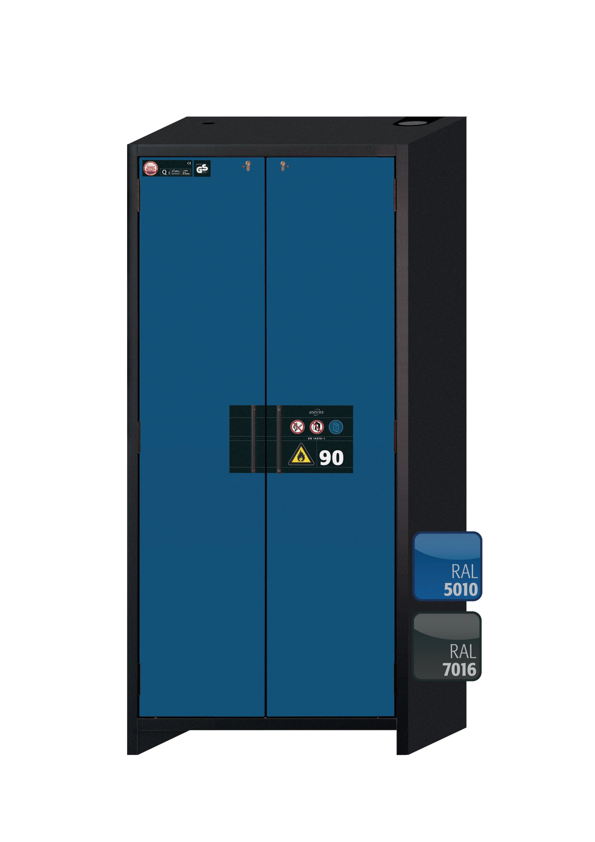 Typ 90 Sicherheitsschrank Q-CLASSIC-90 Modell Q90.195.090 in enzianblau RAL 5010 mit 5x Auszugswanne Standard (Edelstahl 1.4301)