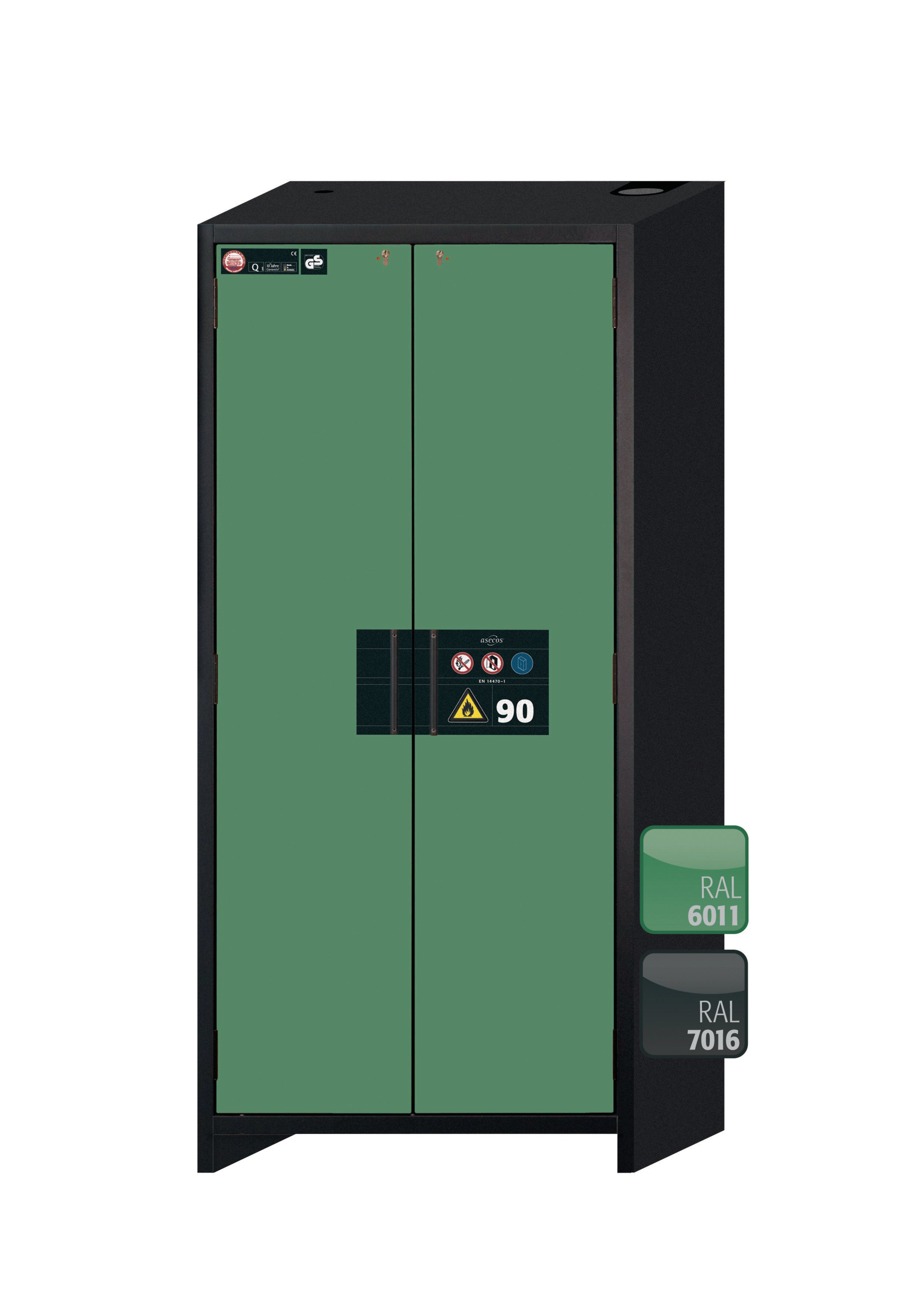Typ 90 Sicherheitsschrank Q-CLASSIC-90 Modell Q90.195.090 in resedagrün RAL 6011 mit 4x Auszugswanne Standard (Edelstahl 1.4301)
