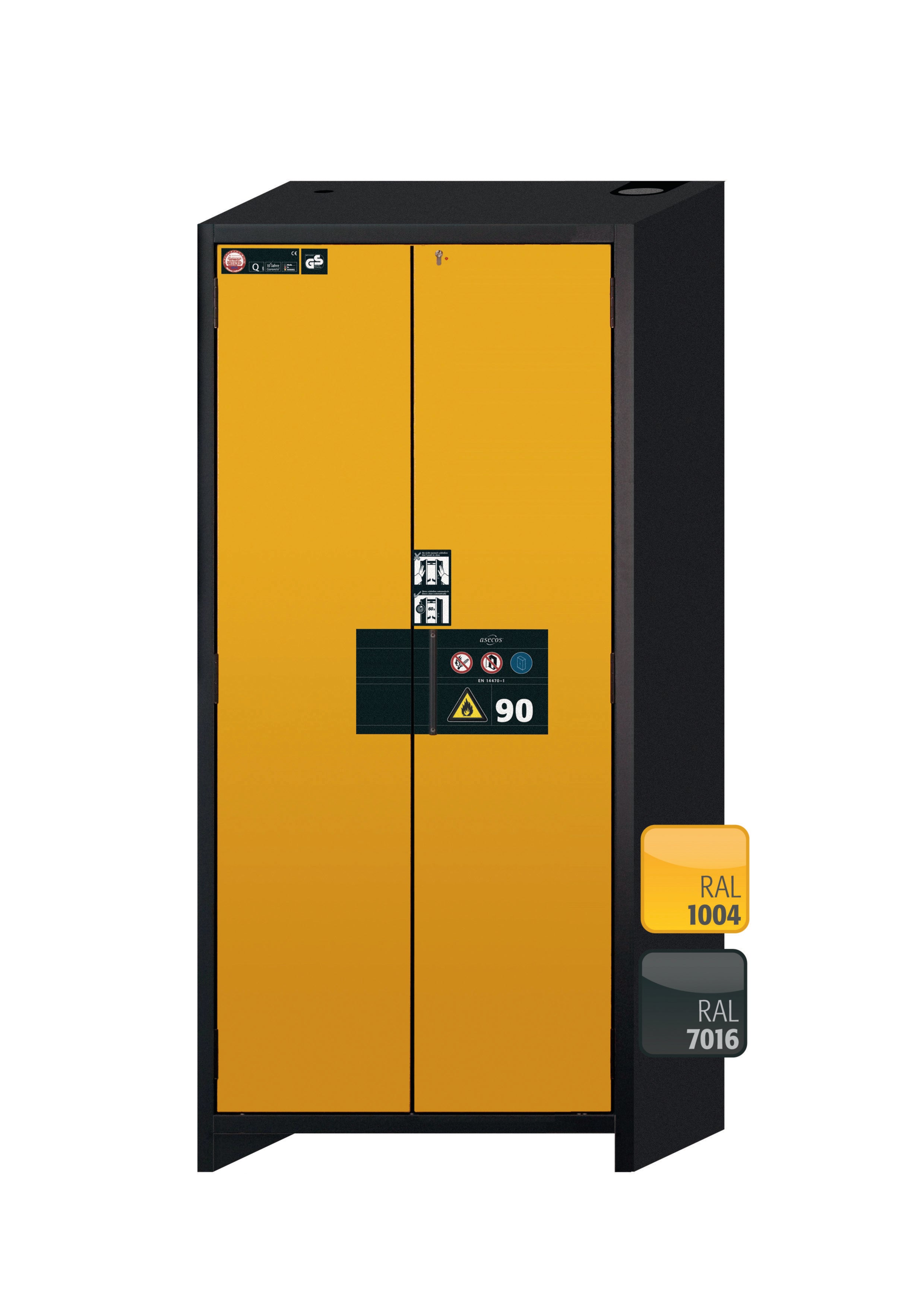 Type 90 safety storage cabinet Q-PEGASUS-90 model Q90.195.090.WDAC in warning yellow RAL 1004 with 5x drawer (standard) (stainless steel 1.4301),