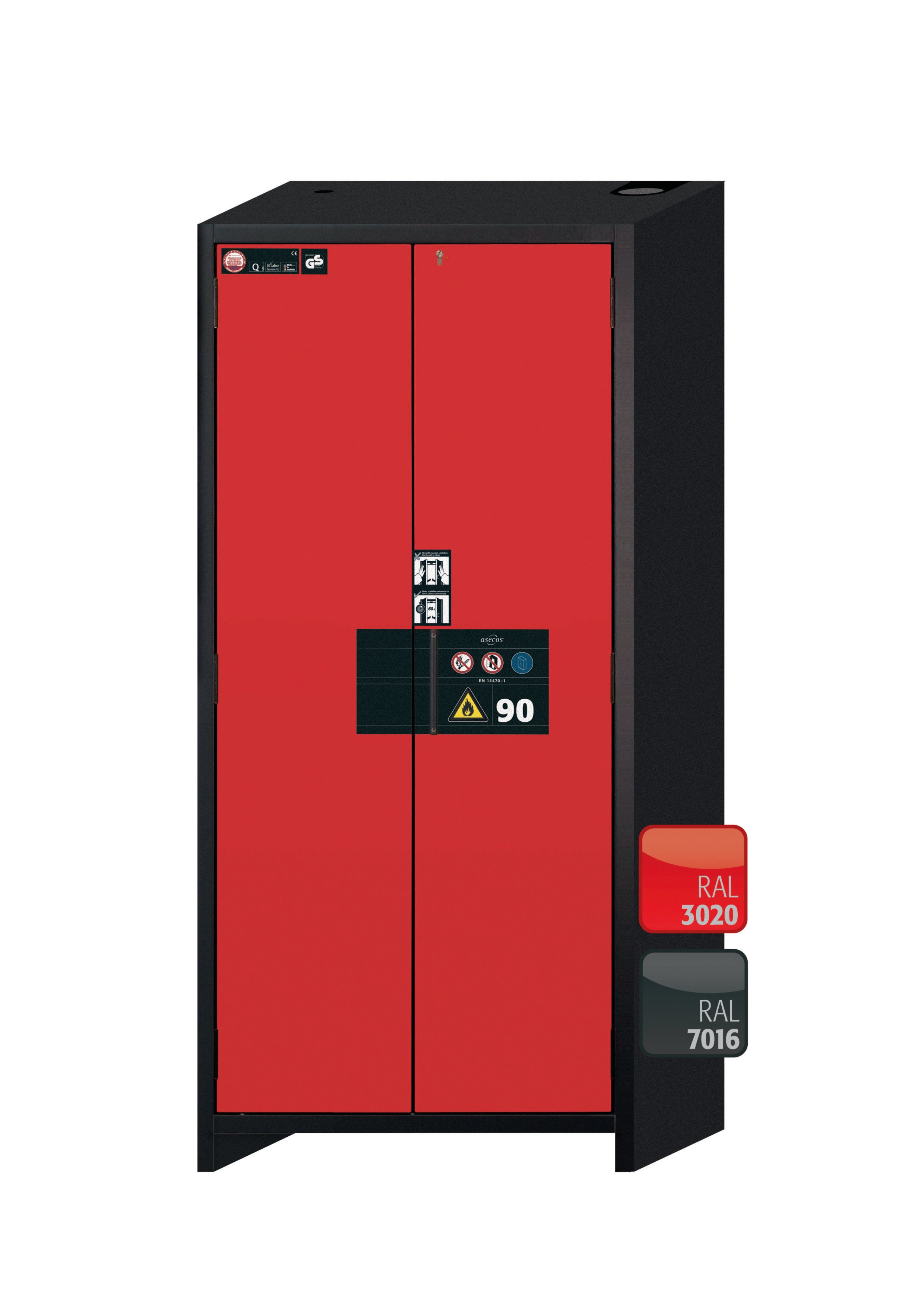 Type 90 safety storage cabinet Q-PEGASUS-90 model Q90.195.090.WDAC in traffic red RAL 3020 with 6x drawer (standard) (stainless steel 1.4301),