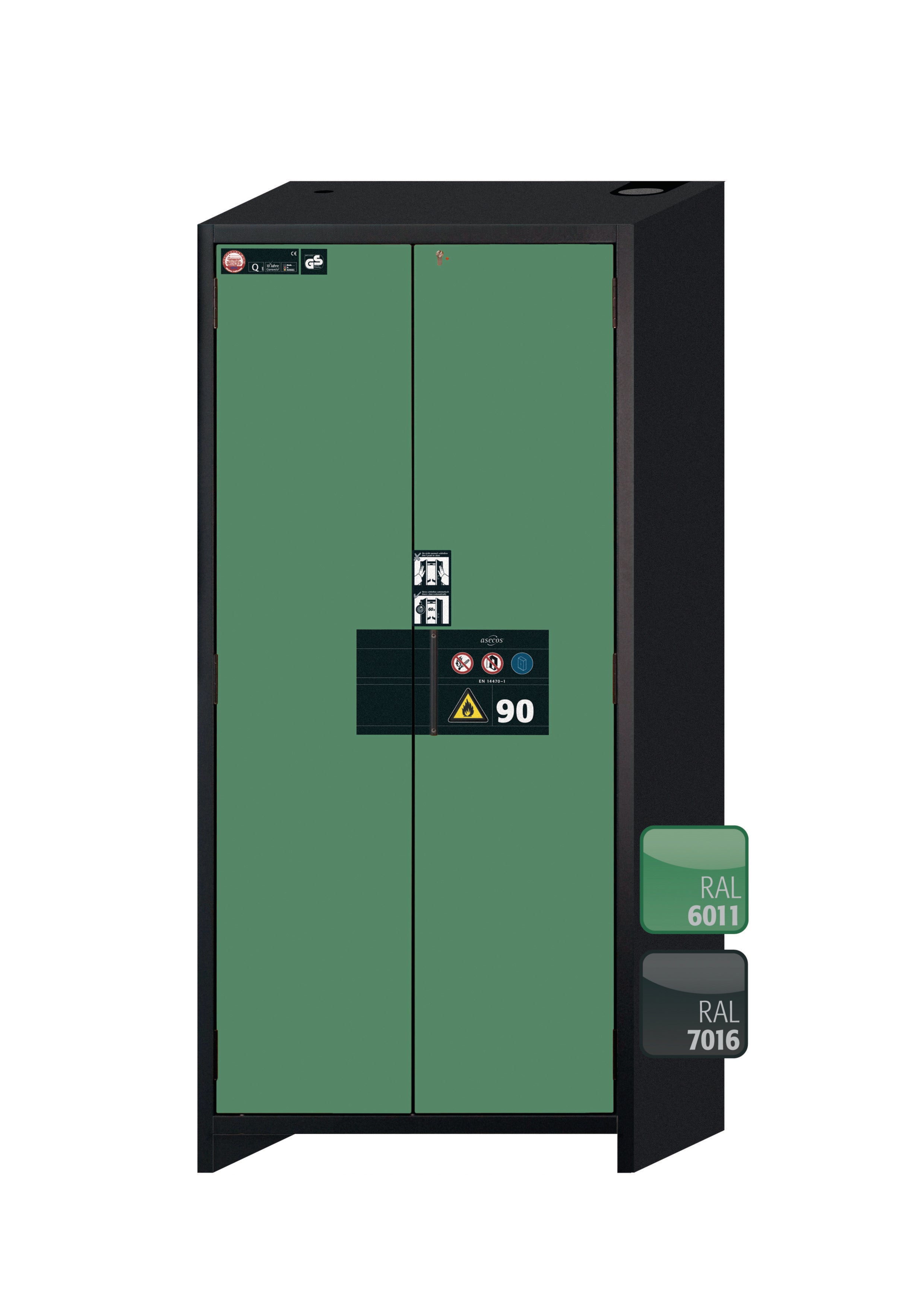 Type 90 safety storage cabinet Q-PEGASUS-90 model Q90.195.090.WDAC in reseda green RAL 6011 with 5x drawer (standard) (sheet steel),