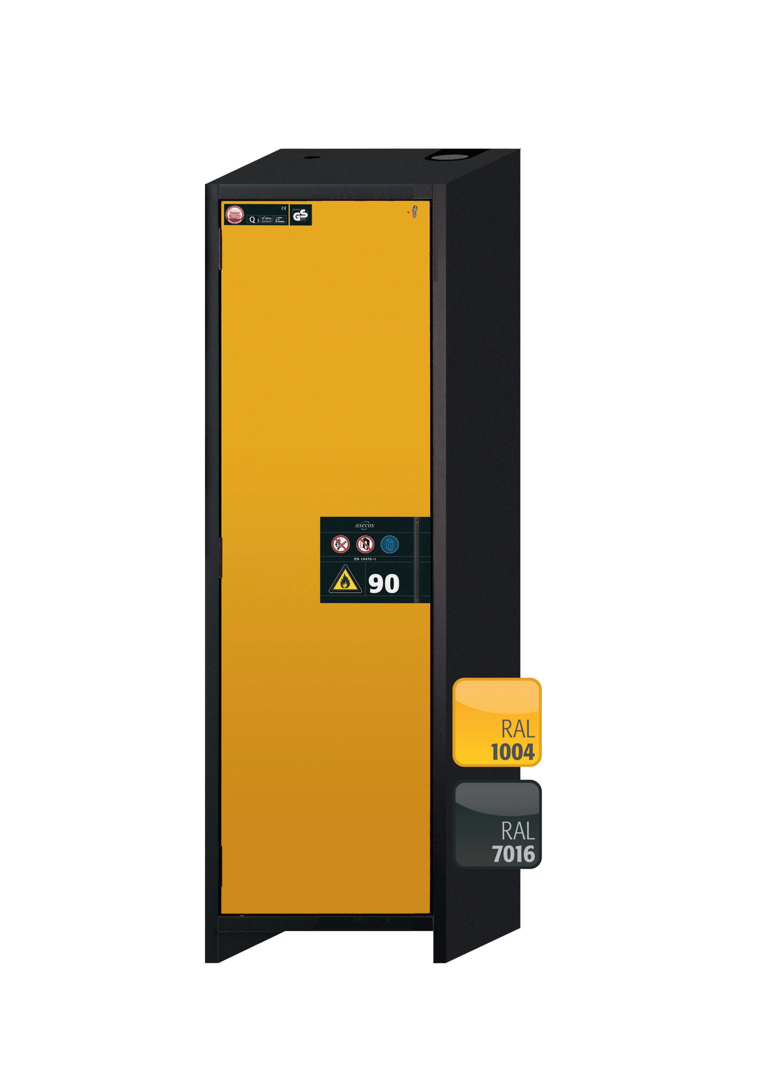 Type 90 safety storage cabinet Q-CLASSIC-90 model Q90.195.060 in warning yellow RAL 1004 with 6x drawer (standard) (stainless steel 1.4301),