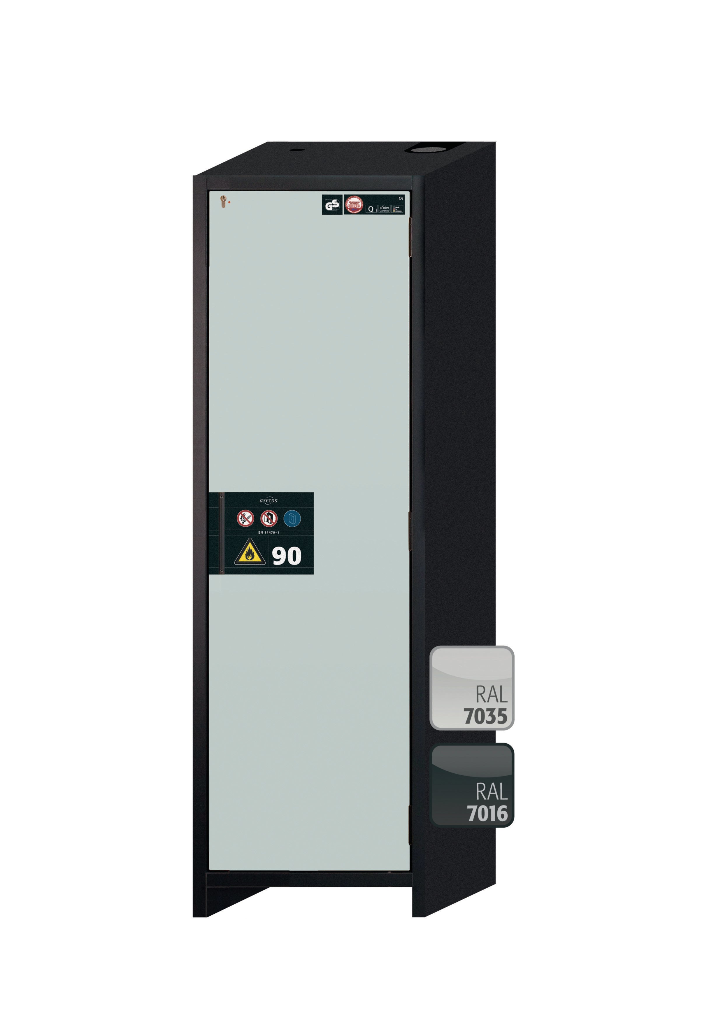 Type 90 safety storage cabinet Q-CLASSIC-90 model Q90.195.060.R in light grey RAL 7035 with 2x shelf standard (stainless steel 1.4301),