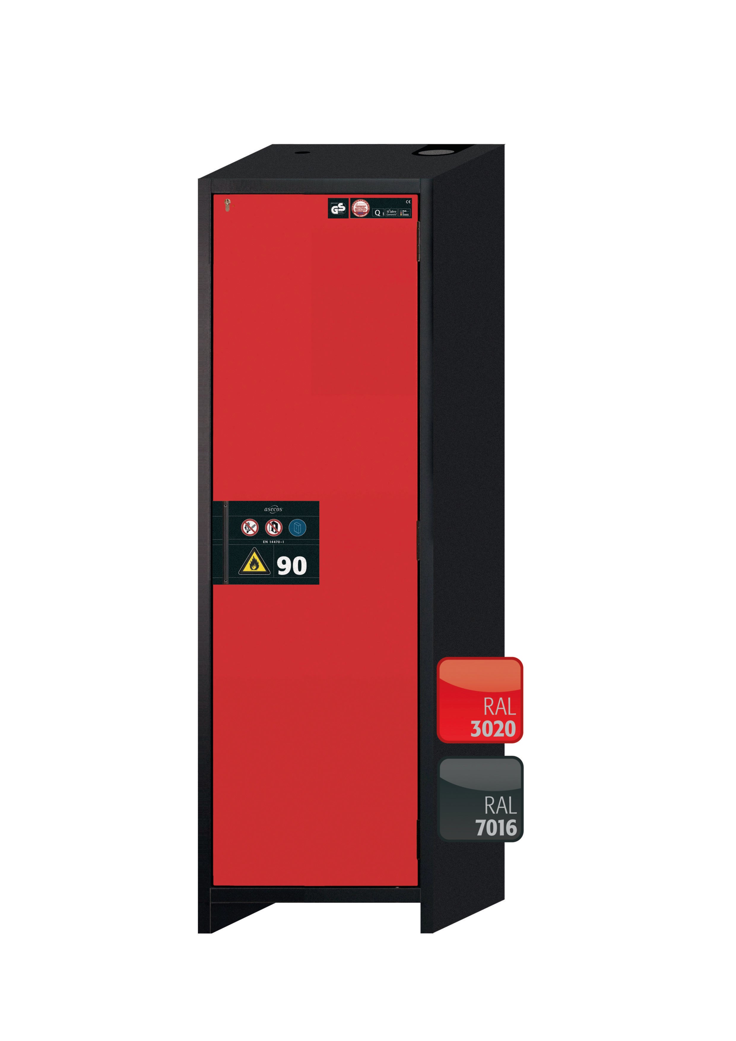 Type 90 safety storage cabinet Q-CLASSIC-90 model Q90.195.060.R in traffic red RAL 3020 with 4x drawer (standard) (stainless steel 1.4301),