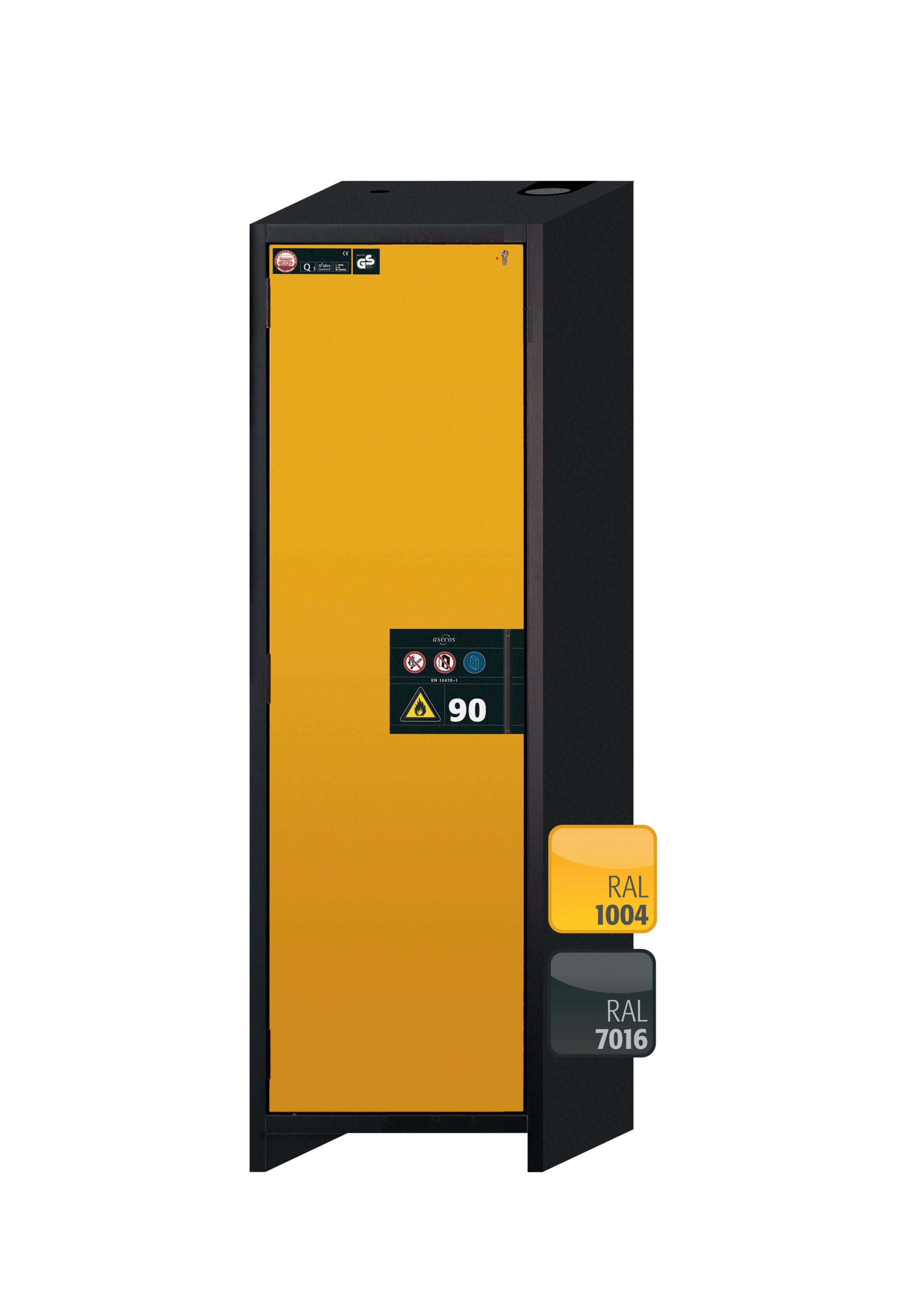 Type 90 safety storage cabinet Q-PEGASUS-90 model Q90.195.060.WDAC in warning yellow RAL 1004 with 2x tray shelf (standard) (sheet steel),
