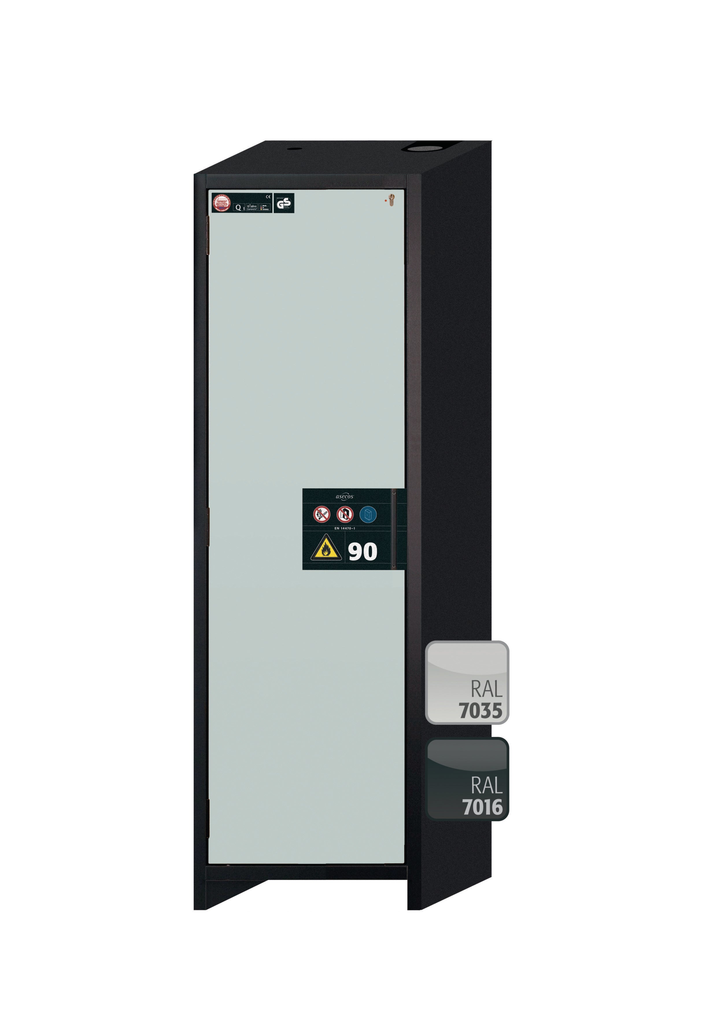 Type 90 safety storage cabinet Q-PEGASUS-90 model Q90.195.060.WDAC in light grey RAL 7035 with 2x tray shelf (standard) (polypropylene),