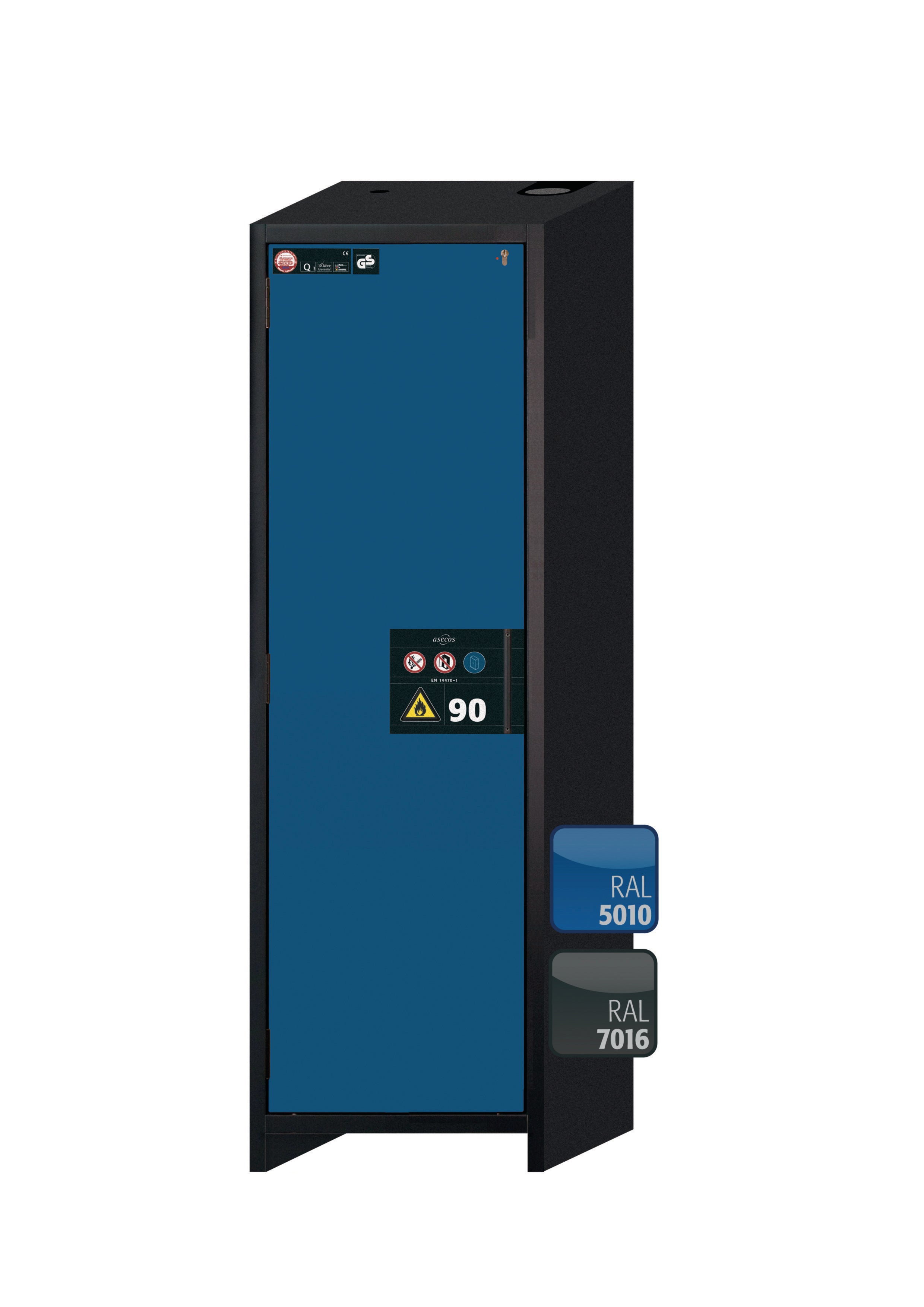 Type 90 safety storage cabinet Q-PEGASUS-90 model Q90.195.060.WDAC in gentian blue RAL 5010 with 2x drawer (standard) (stainless steel 1.4301),