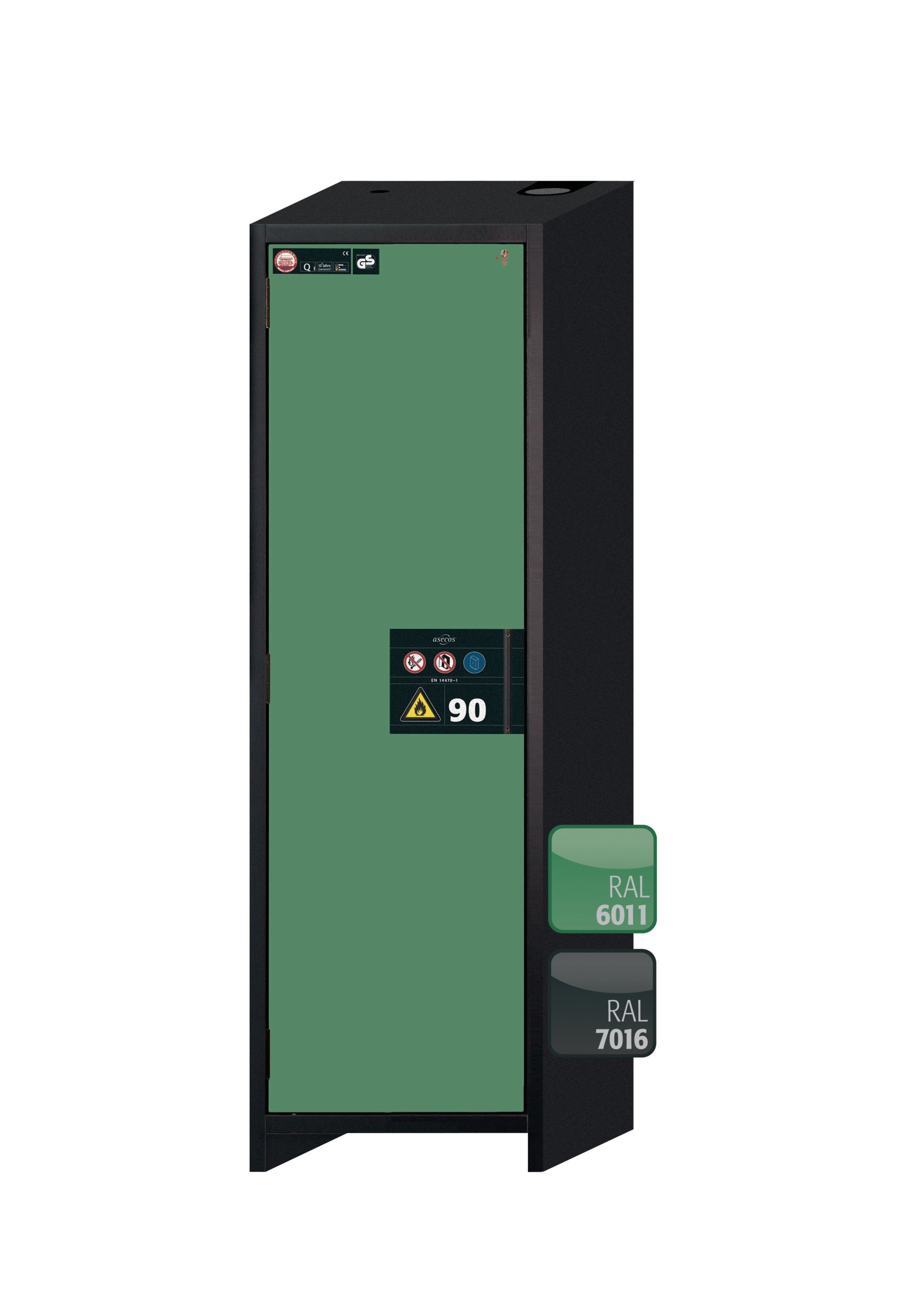 Type 90 safety storage cabinet Q-PEGASUS-90 model Q90.195.060.WDAC in reseda green RAL 6011 with 2x shelf standard (stainless steel 1.4301),