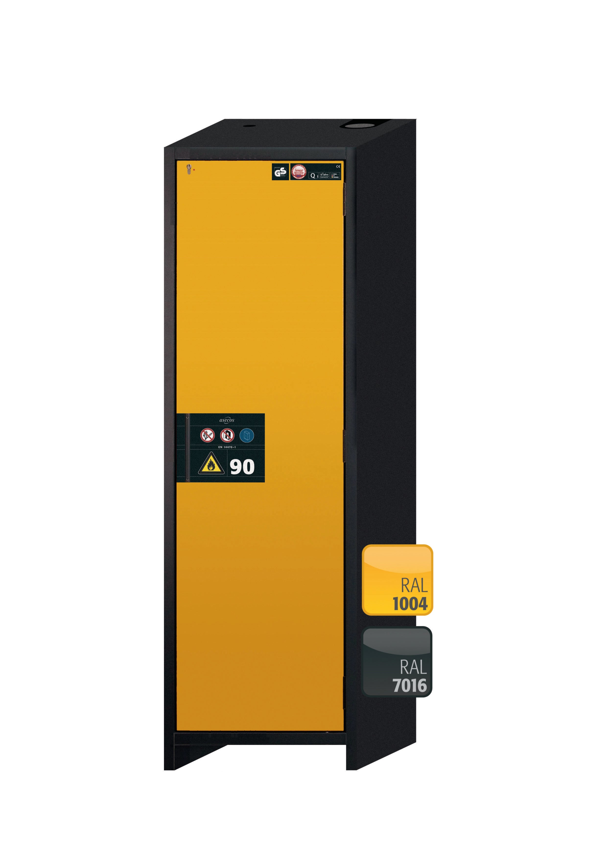 Type 90 safety storage cabinet Q-PEGASUS-90 model Q90.195.060.WDACR in warning yellow RAL 1004 with 2x tray shelf (standard) (stainless steel 1.4301),