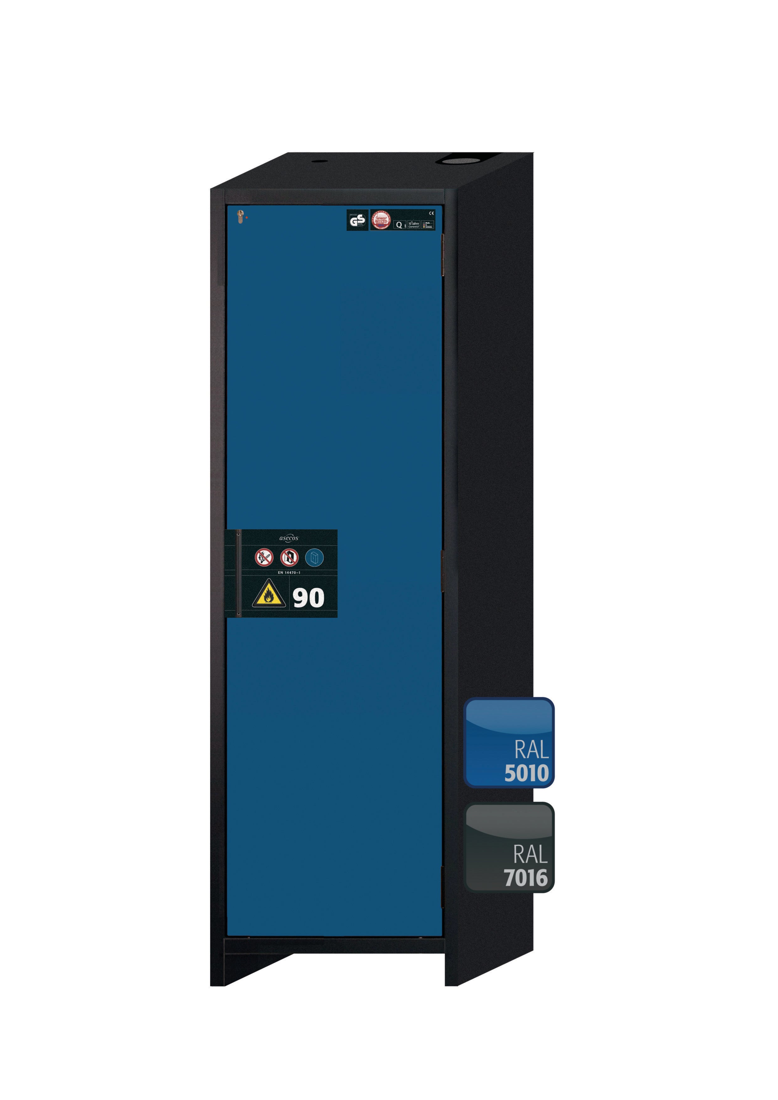 Type 90 safety storage cabinet Q-PEGASUS-90 model Q90.195.060.WDACR in gentian blue RAL 5010 with 2x tray shelf (standard) (polypropylene),