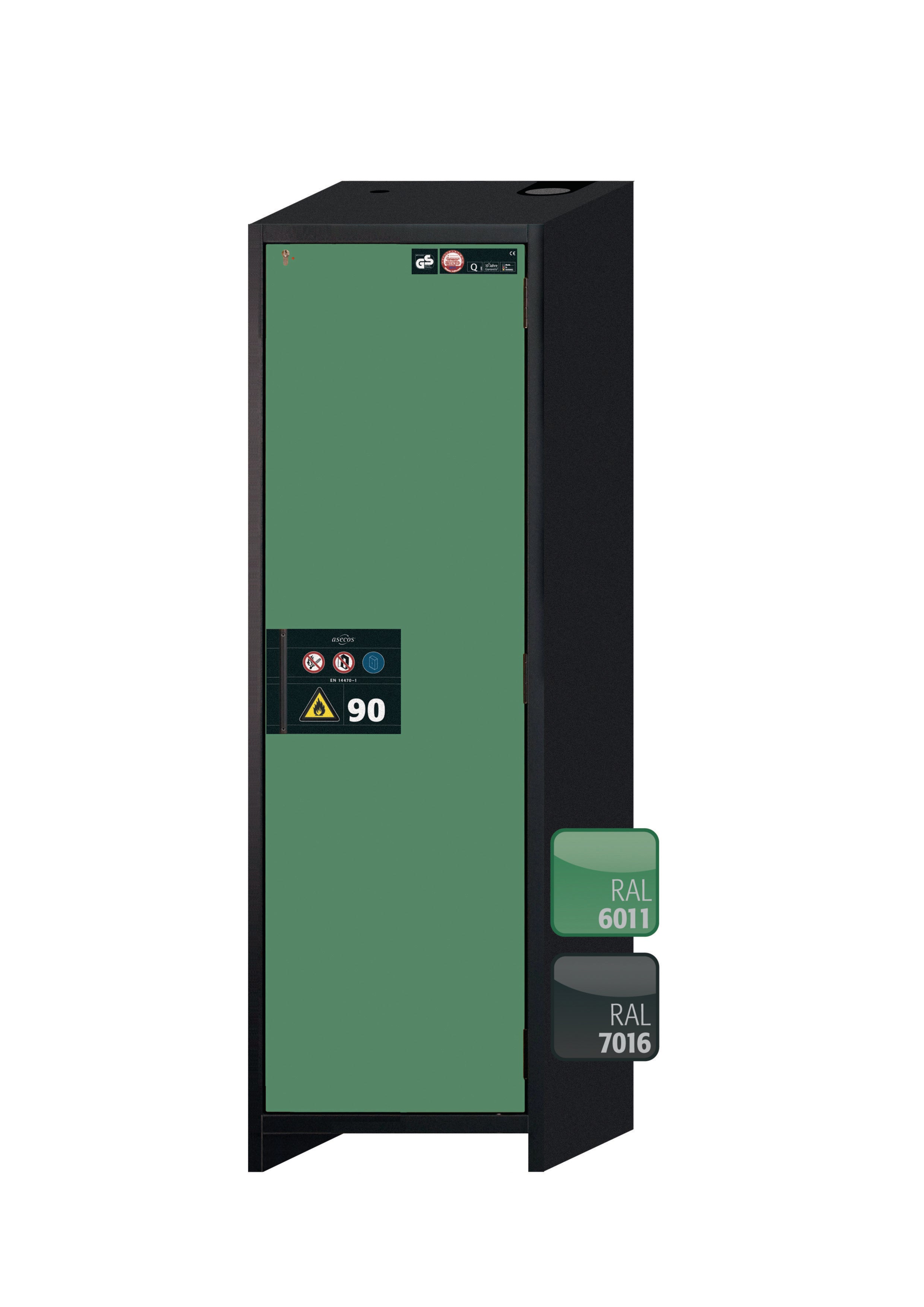 Type 90 safety storage cabinet Q-PEGASUS-90 model Q90.195.060.WDACR in reseda green RAL 6011 with 4x drawer (standard) (sheet steel),