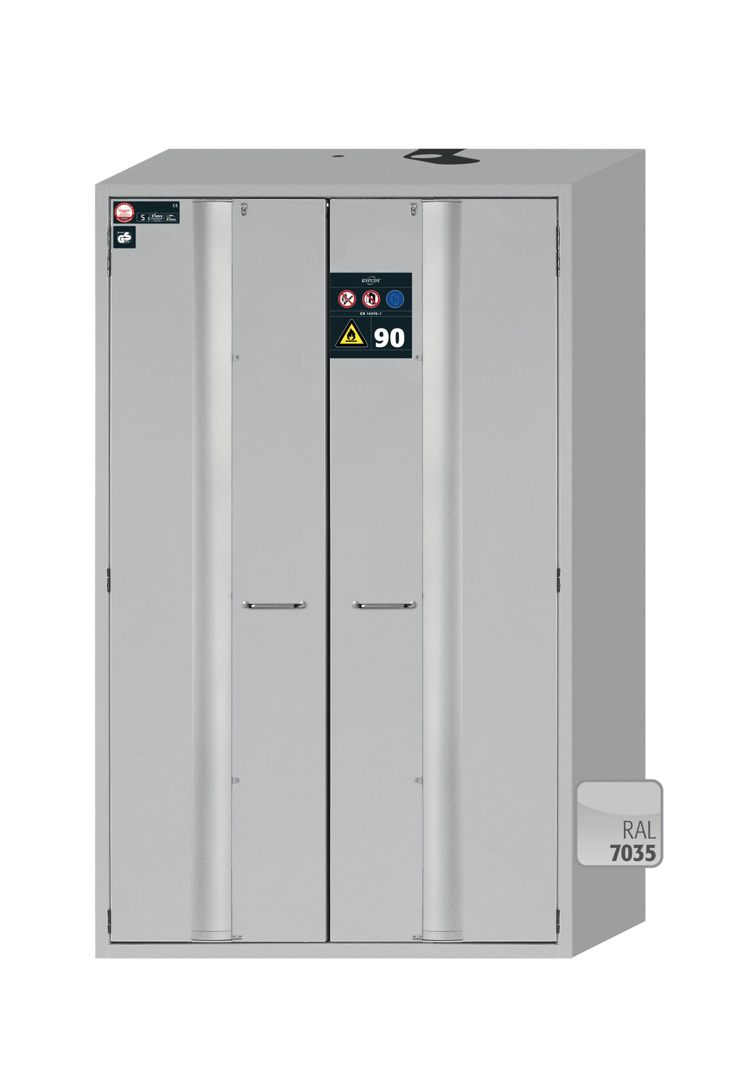 Type 90 safety storage cabinet S-PHOENIX-90 model S90.196.120.FDAS in light grey RAL 7035 with 2x tray shelf (standard) (polypropylene),