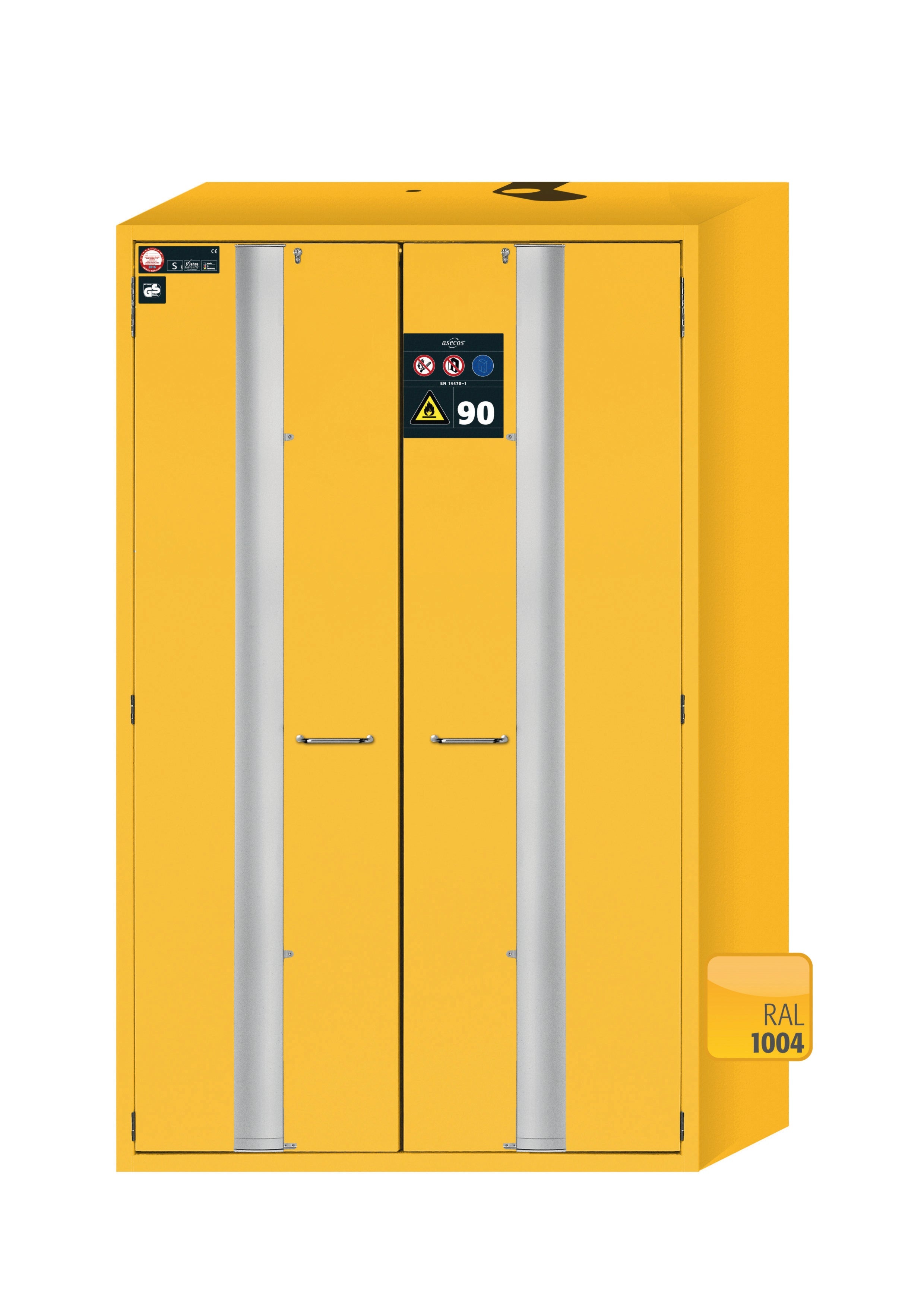 Type 90 safety storage cabinet S-PHOENIX-90 model S90.196.120.FDAS in warning yellow RAL 1004 with 2x shelf standard (sheet steel),