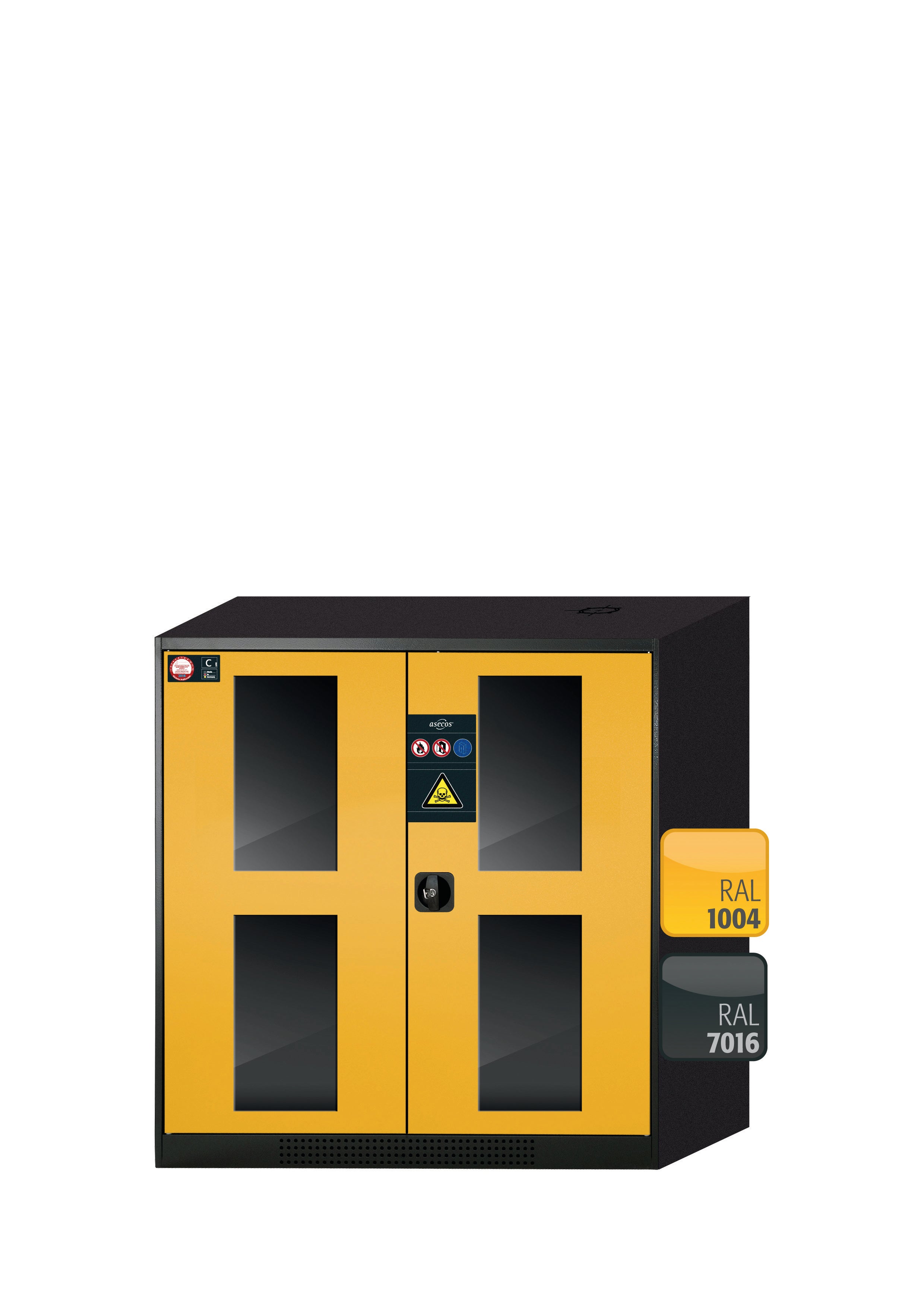 Armoire chimique CS-CLASSIC-G modèle CS.110.105.WDFW en jaune de sécurité RAL 1004 avec 2x étagères standard (tôle d'acier)