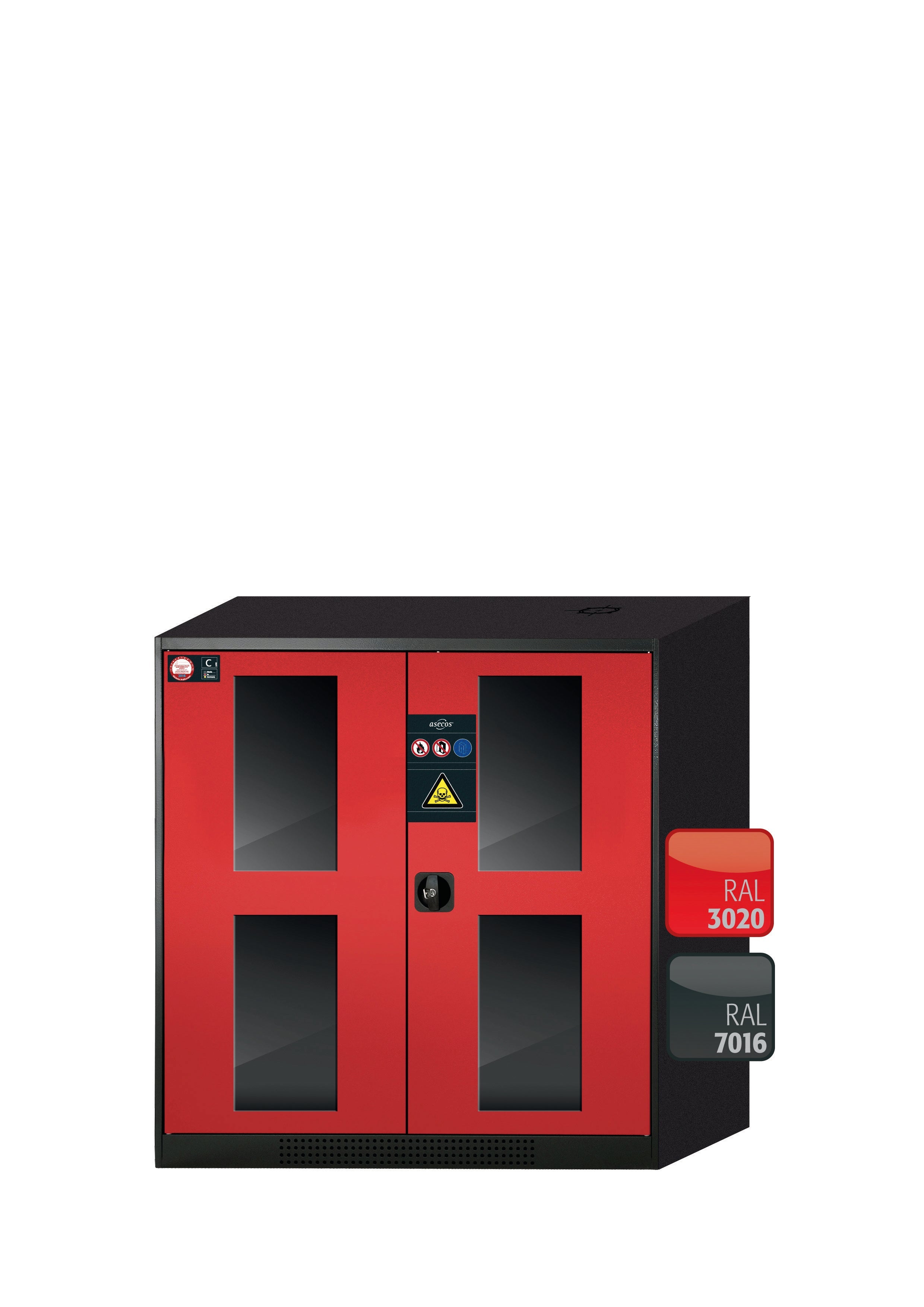 Chemical cabinet CS-CLASSIC-G model CS.110.105.WDFW in traffic red RAL 3020 with 3x AbZ pull-out shelves (sheet steel/polypropylene)