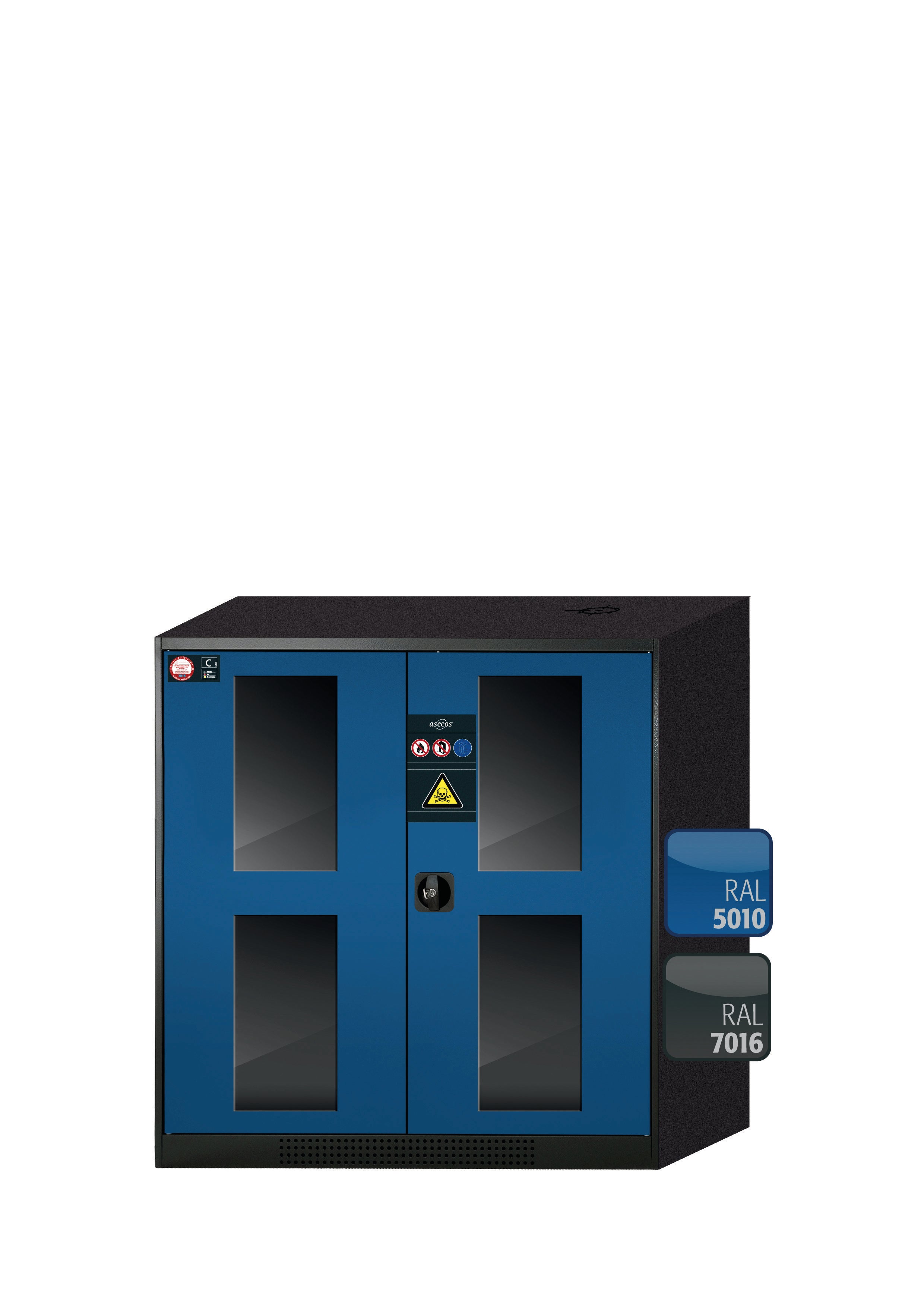 Armoire chimique CS-CLASSIC-G modèle CS.110.105.WDFW en bleu gentiane RAL 5010 avec 2x étagères standard (tôle d'acier)