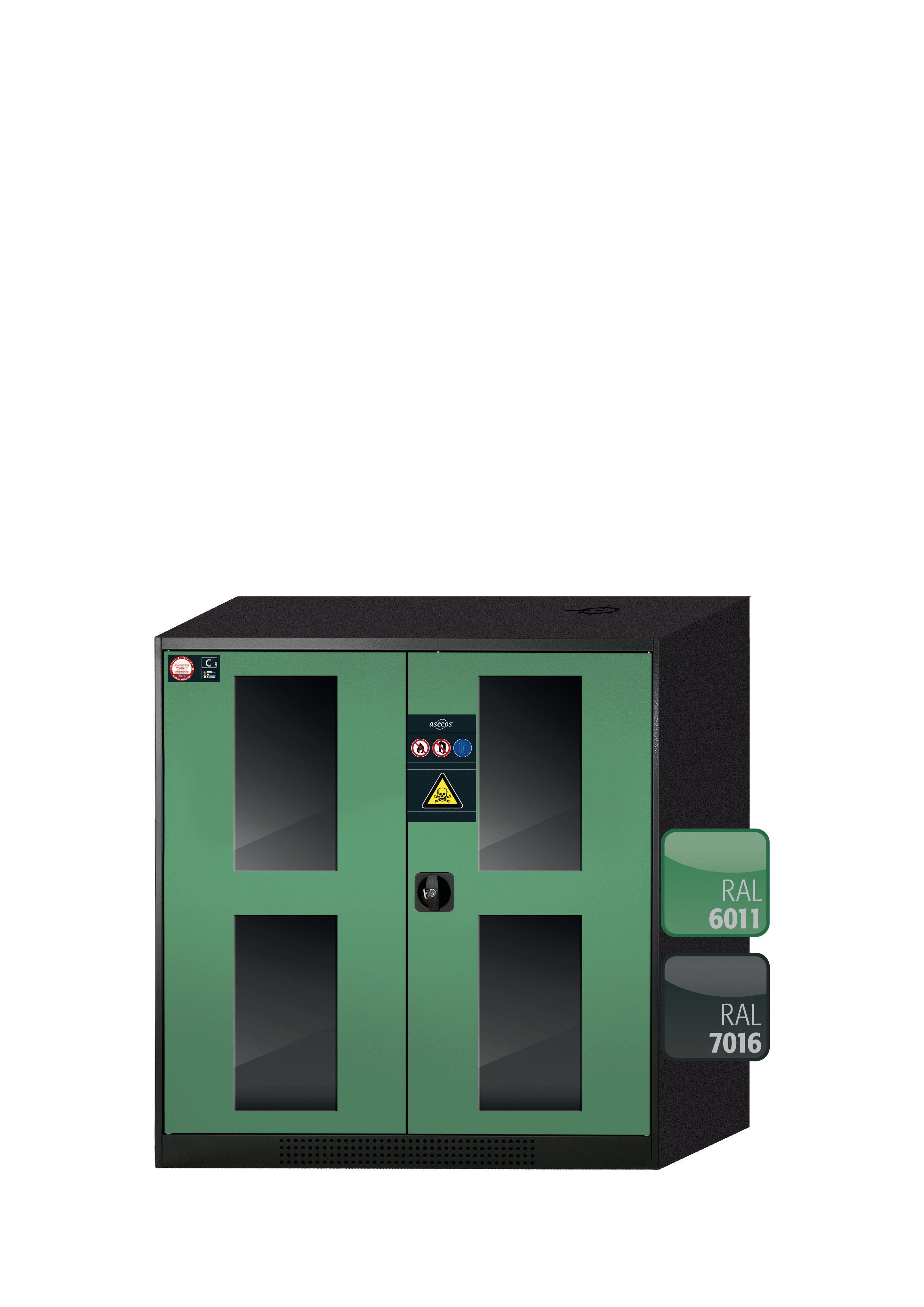 Chemical cabinet CS-CLASSIC-G model CS.110.105.WDFW in reseda green RAL 6011 with 2x standard shelves (sheet steel)