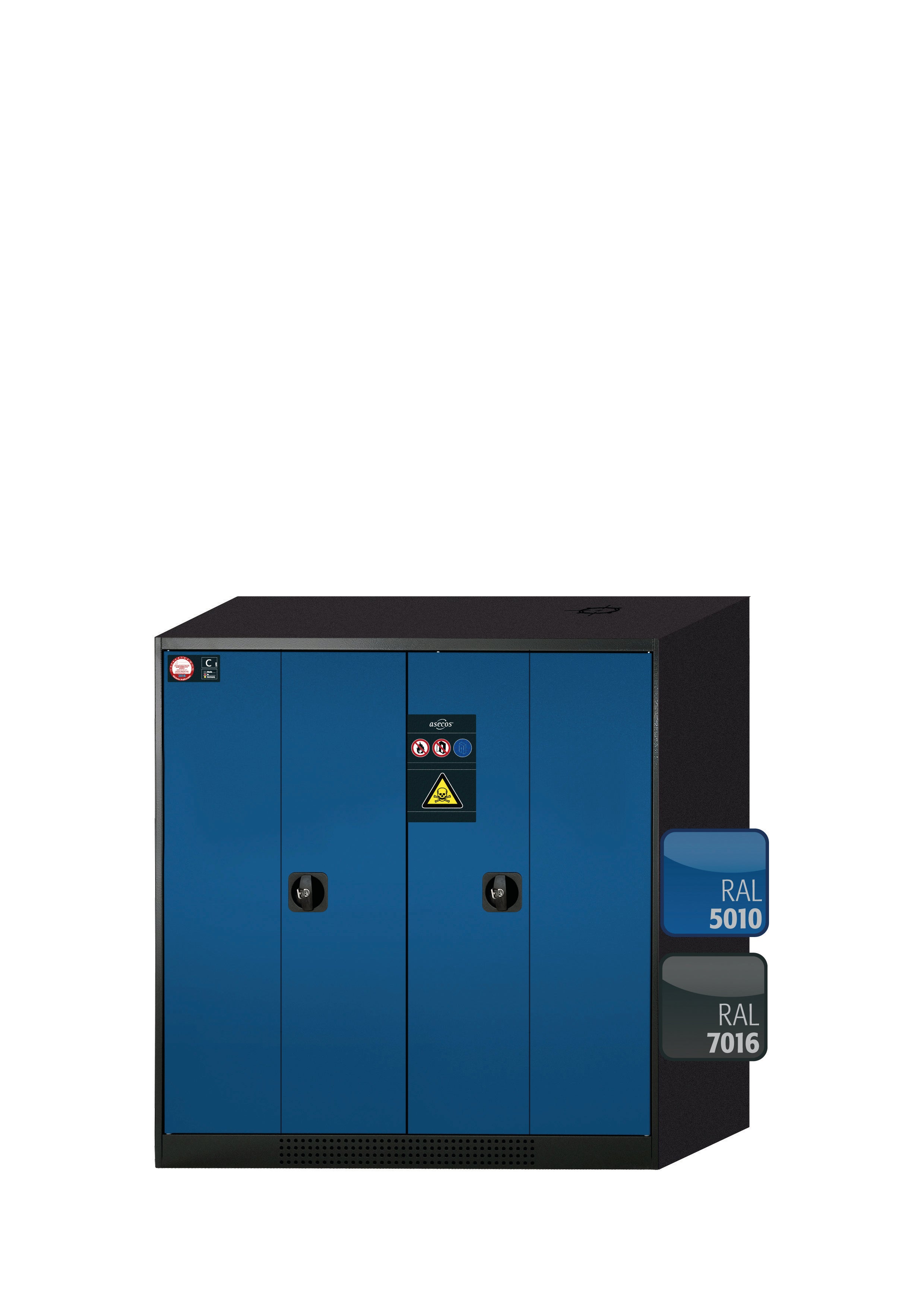Chemical cabinet CS-PHOENIX model CS.110.105.FD in gentian blue RAL 5010 with 2x standard shelves (sheet steel)