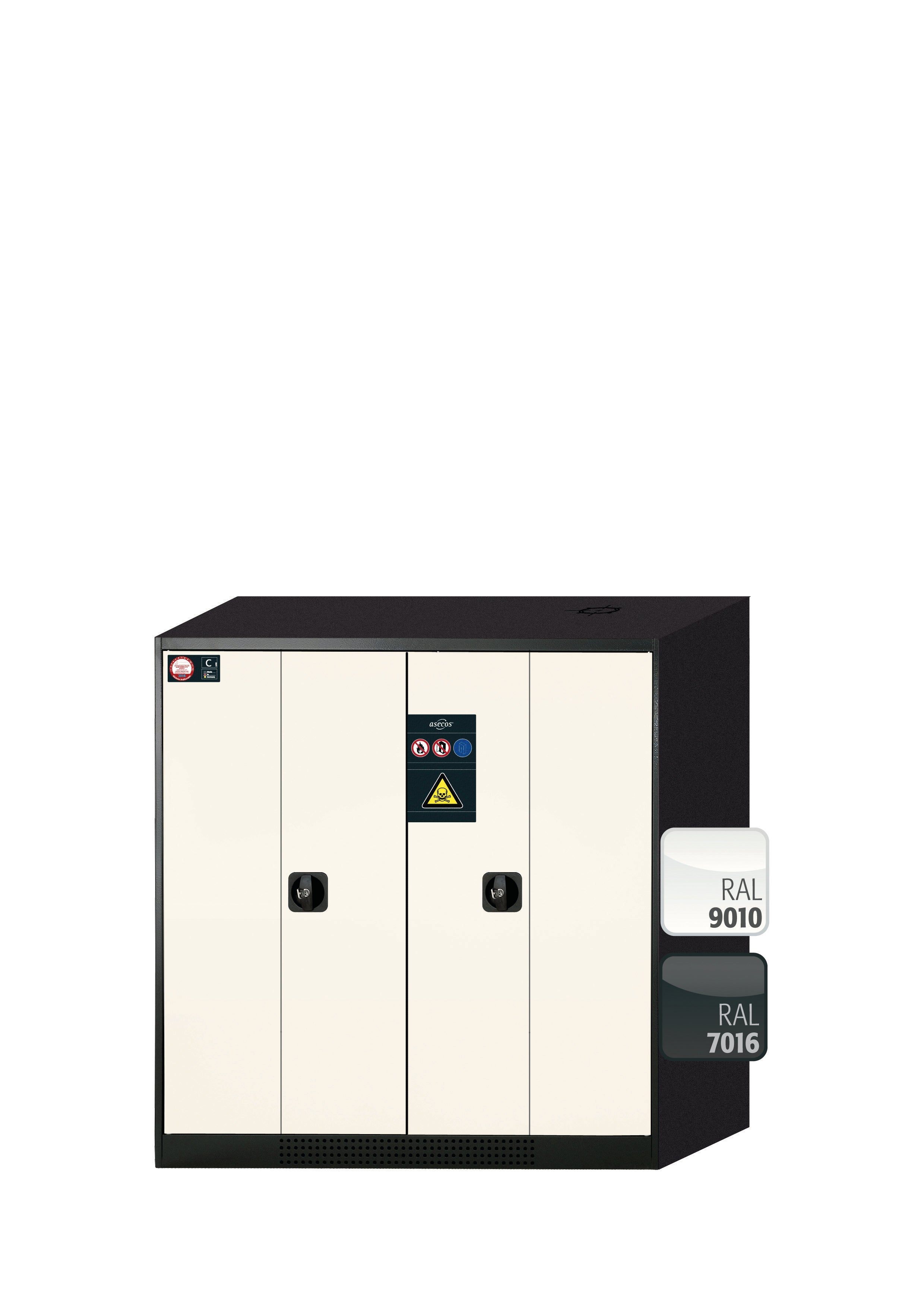 Chemical cabinet CS-PHOENIX model CS.110.105.FD in pure white RAL 9010 with 2x standard shelves (sheet steel)