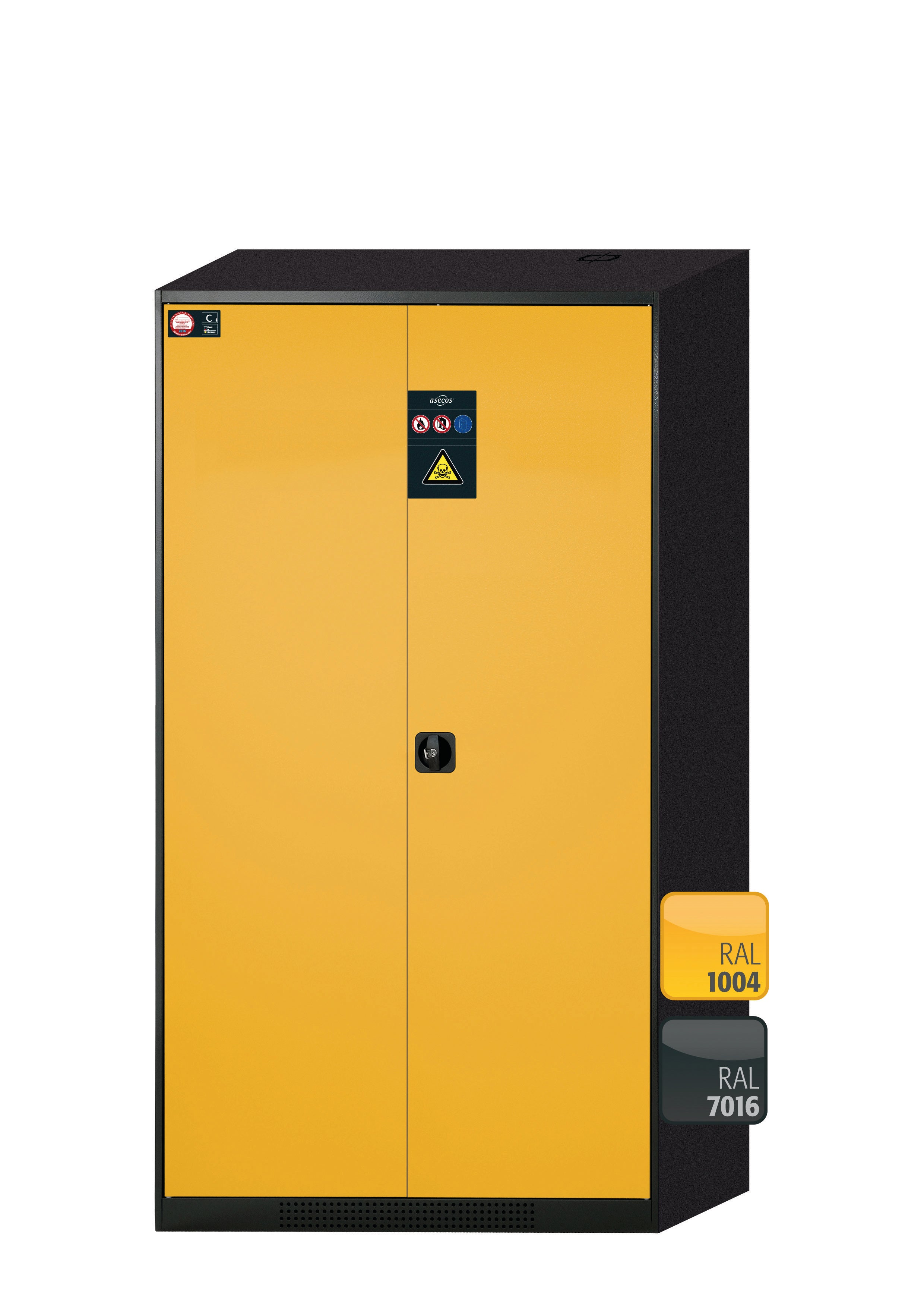 Chemical cabinet CS-CLASSIC model CS.195.105 in safety yellow RAL 1004 with 5x AbZ pull-out shelves (sheet steel/polypropylene)
