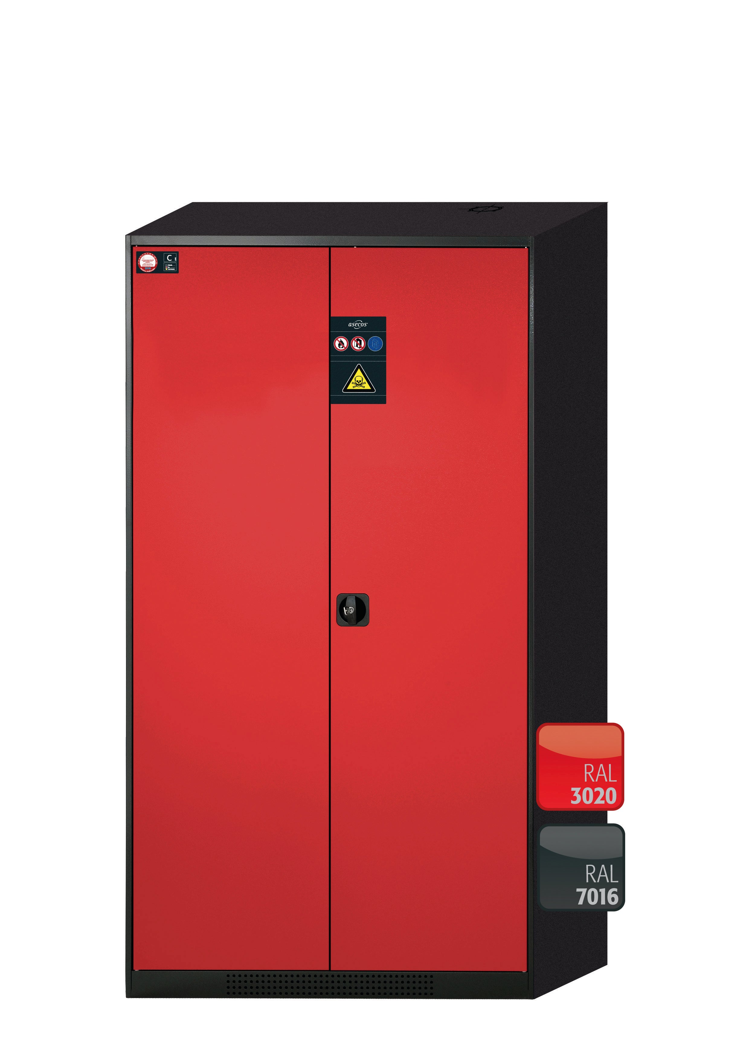 Chemical cabinet CS-CLASSIC model CS.195.105 in traffic red RAL 3020 with 4x AbZ pull-out shelves (sheet steel/polypropylene)