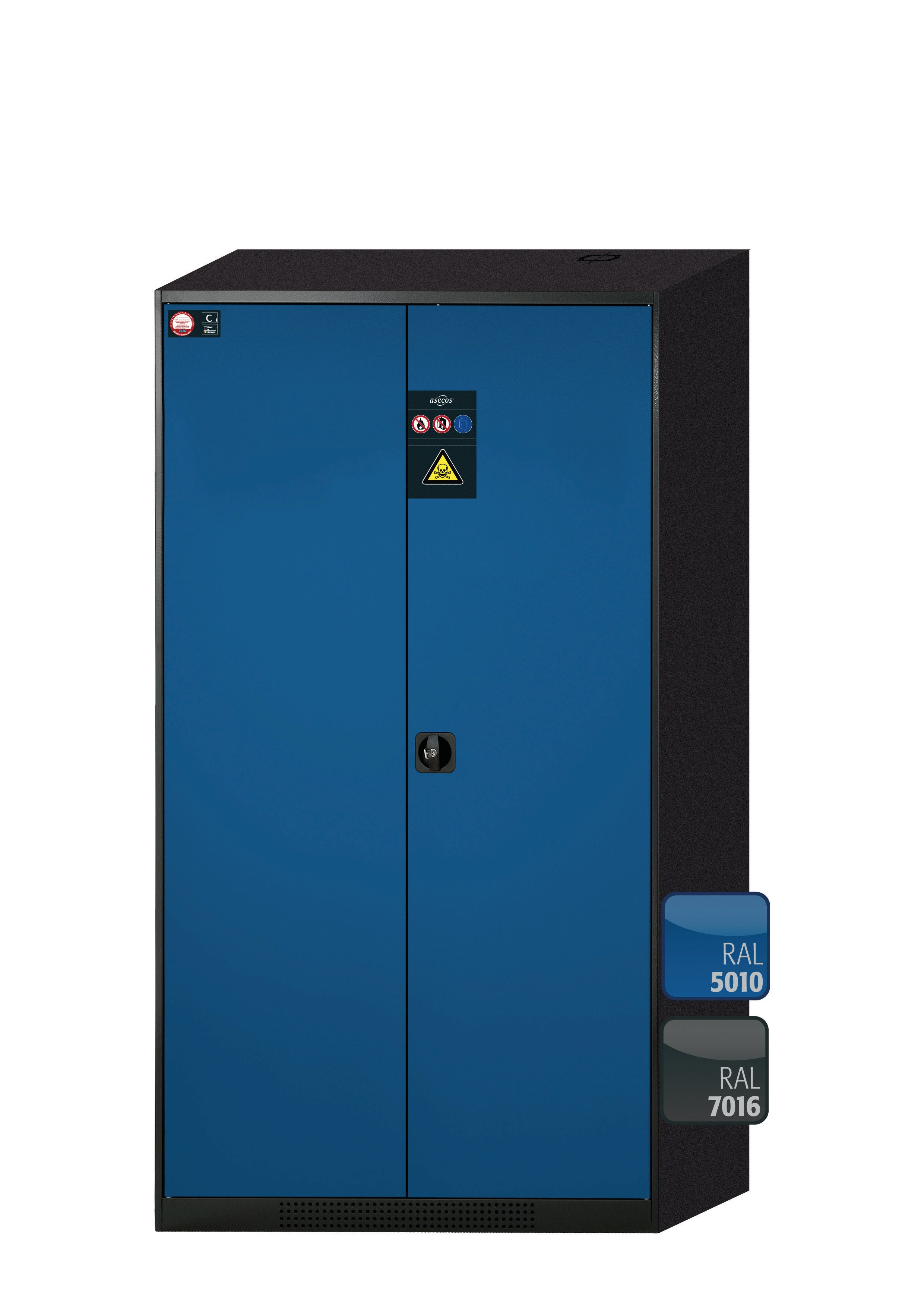 Chemical cabinet CS-CLASSIC model CS.195.105 in gentian blue RAL 5010 with 3x standard shelves (sheet steel)