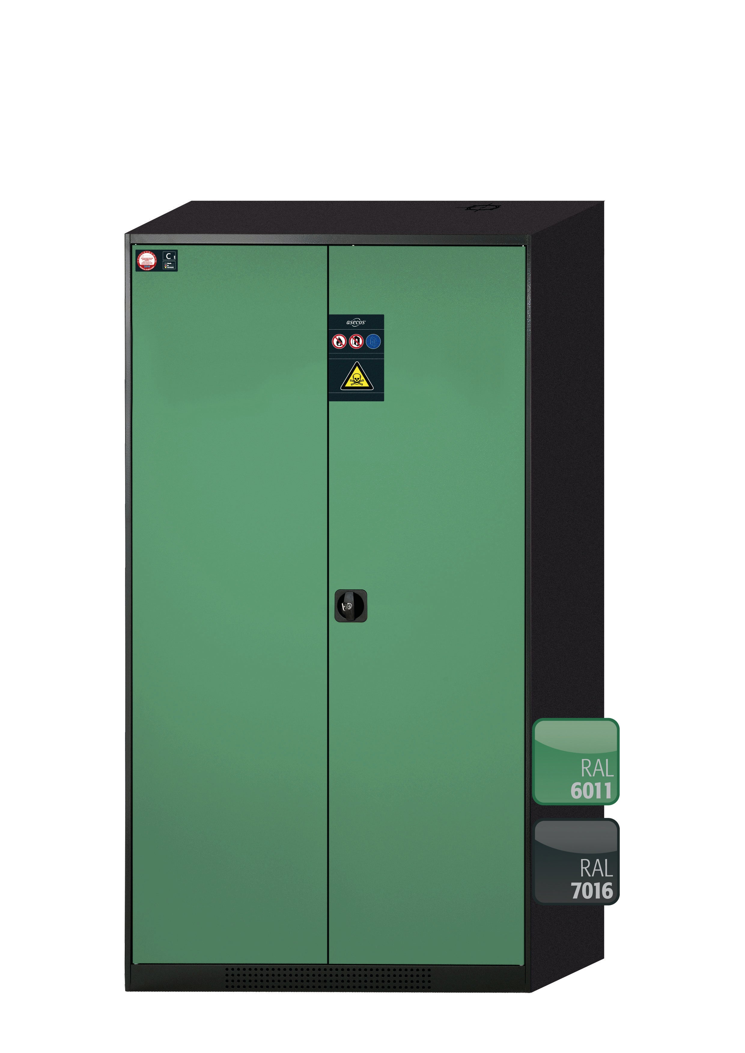 Chemical cabinet CS-CLASSIC model CS.195.105 in reseda green RAL 6011 with 4x AbZ pull-out shelves (sheet steel/polypropylene)